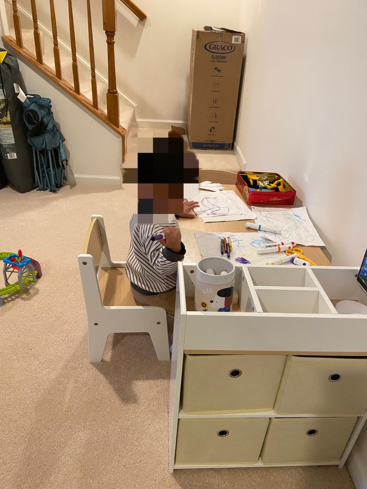 Costzon Kids Table and Chairs, 3-in-1 Wooden Art Drawing Desk Set (Natural) | Toddler Table w/ 4 Fabric Bins, Multiple Open Storage Compartments & a Paper Roll for Painting, Writing, Reading, Craft customer photo 1