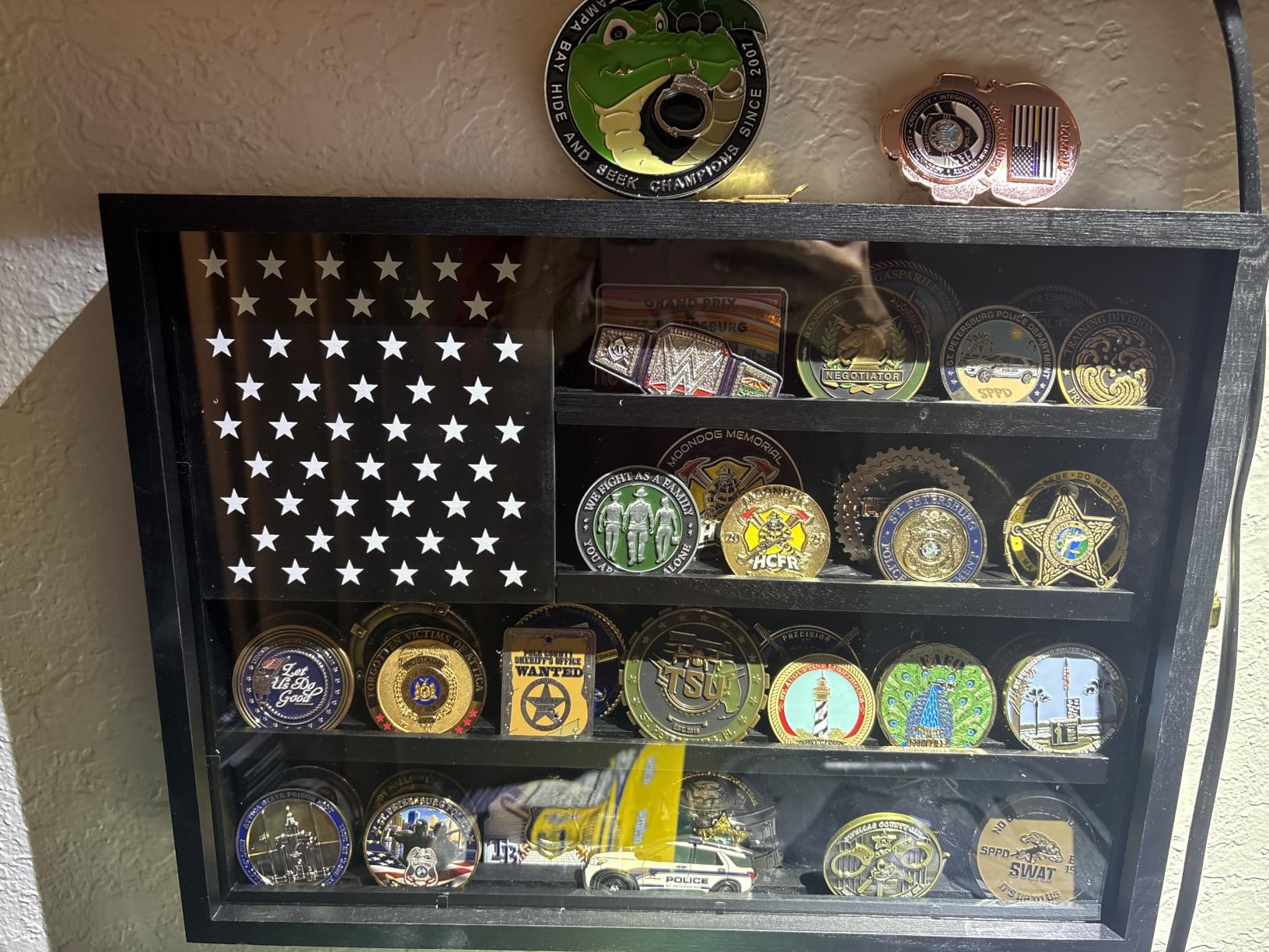 Military Challenge Coin Display Case 16 x 12 in, Wooden American Flag Shadow Box with Anti-Dust UHD Acrylic Door, Gold-Antitheft Lock & Wall Mount, Gift for Collectors (Black Large) customer photo 1