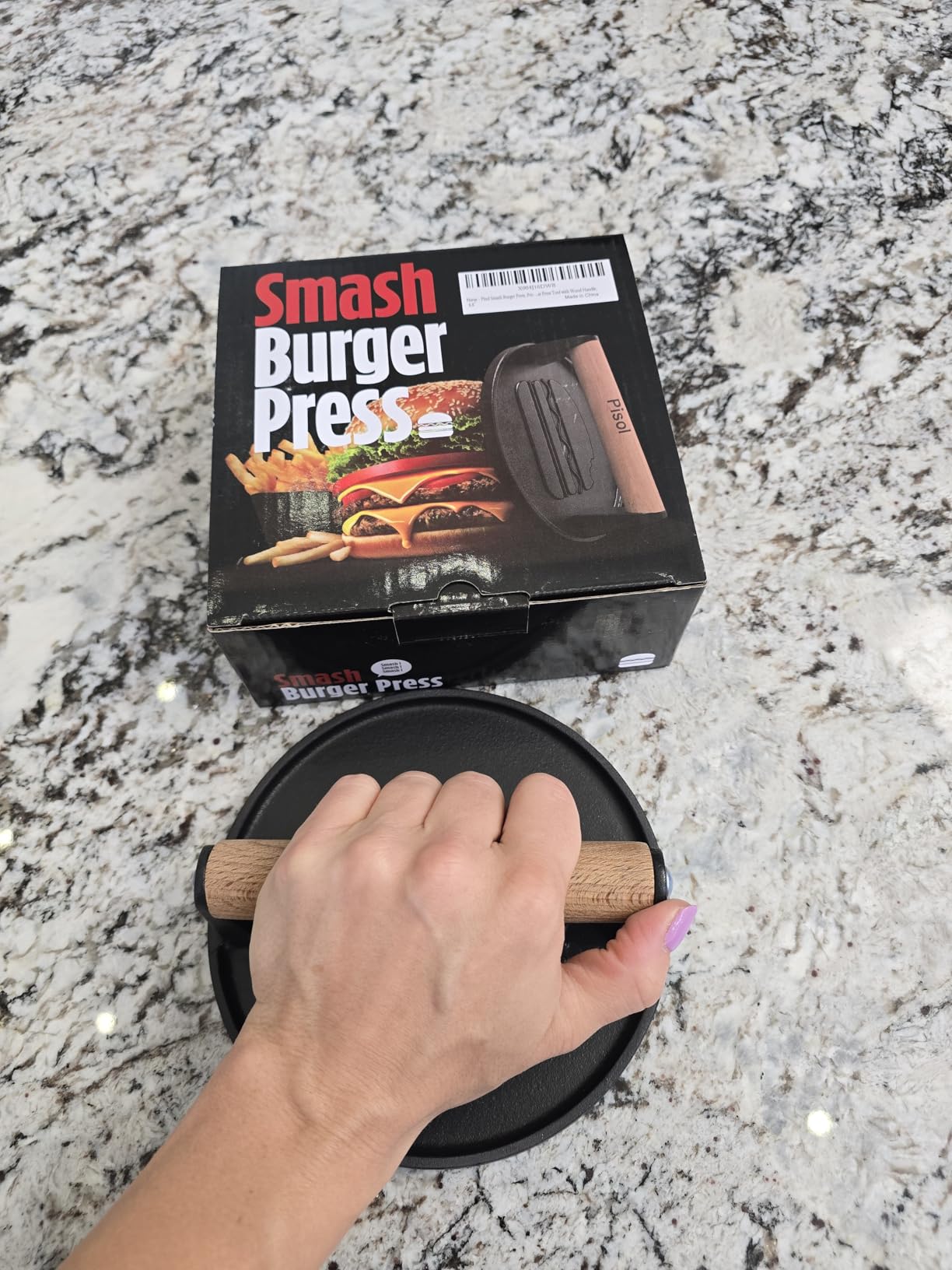 Pisol Smash Burger Press, Cast Iron Steak Weight Meat Patty Press Tool | Rustproof, Pre-Seasoned, Flat Bottom, Wooden Handle, Dishwasher Safe, No Stick, Easy to Clean, 6.6'' Wide, Weighs 2 Pounds customer photo 1