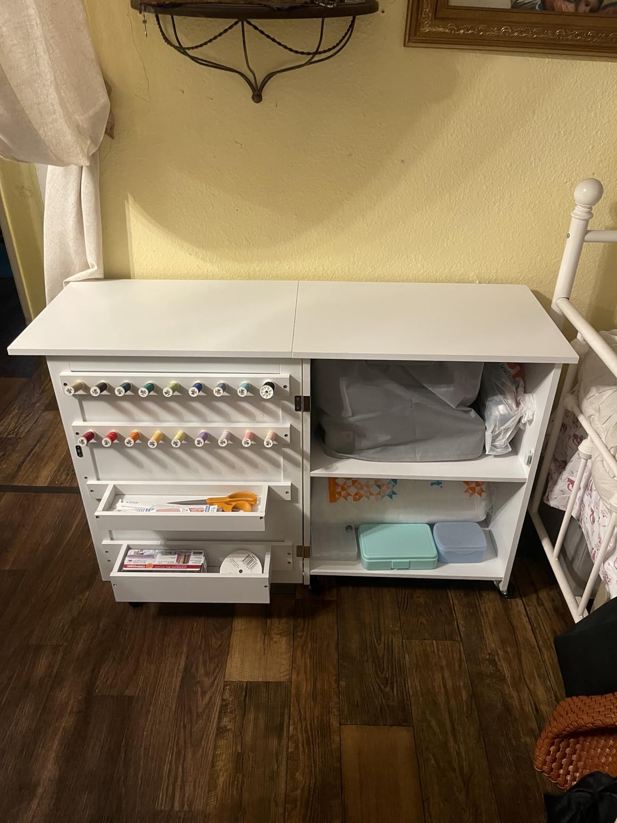 VEVOR Folding Sewing Table, Multipurpose Sewing Machine Table with Compact Design, Wheels, Shelves, Storage Trays, Wooden Pegs, and Magnetic Doors, Sewing Desk Cabinet for Sewing Machine, White customer photo 1