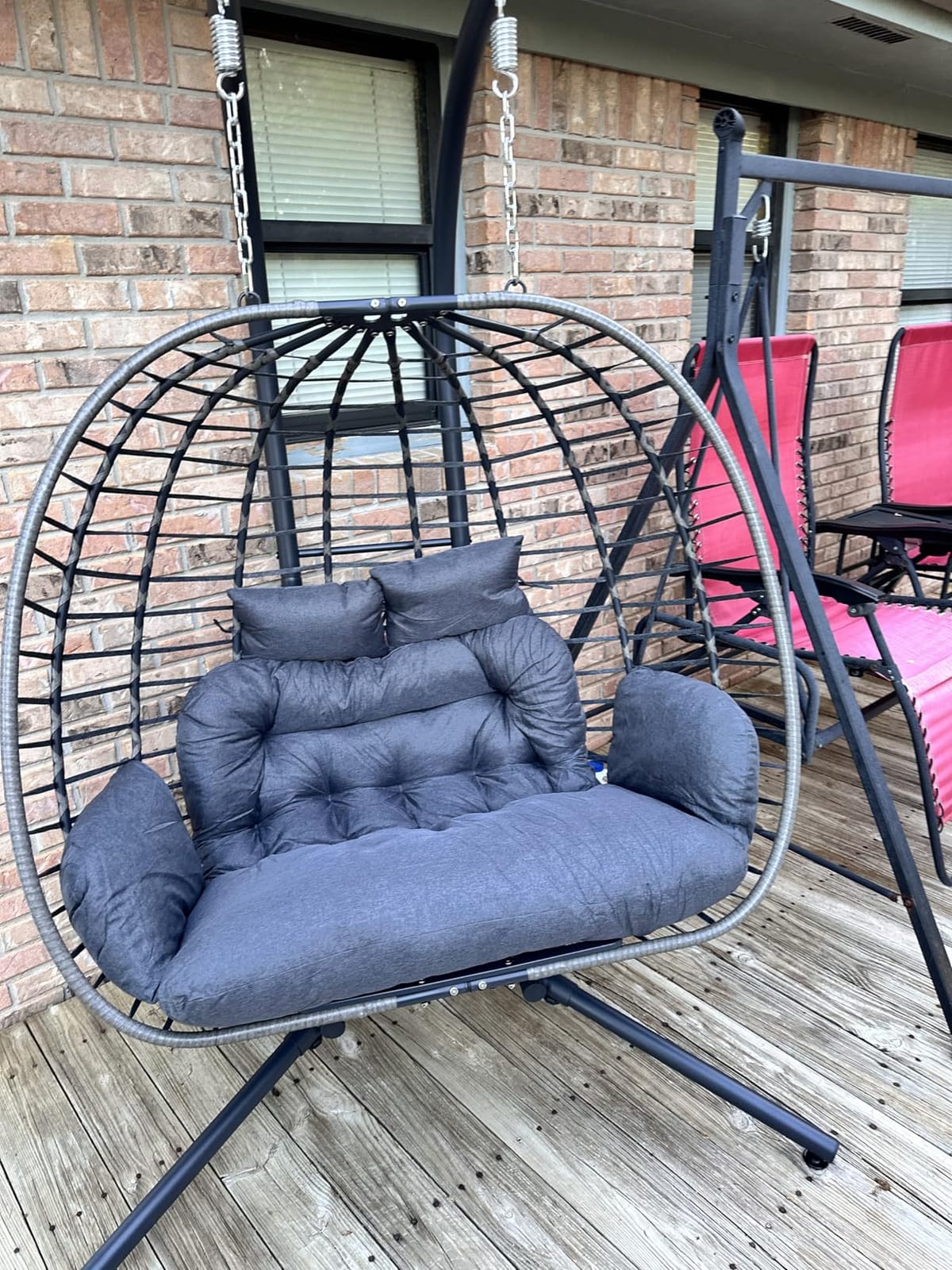 SWITTE Double Egg Chair Outdoor with Stand, Patio Hanging Swing, Grey | Indoor 2 Person Egg Swinging with Cushion, Wicker Loveseat for Porch Balcony Backyard, Cozy Hammock Chairs 680 LBS Capaticy customer photo 1