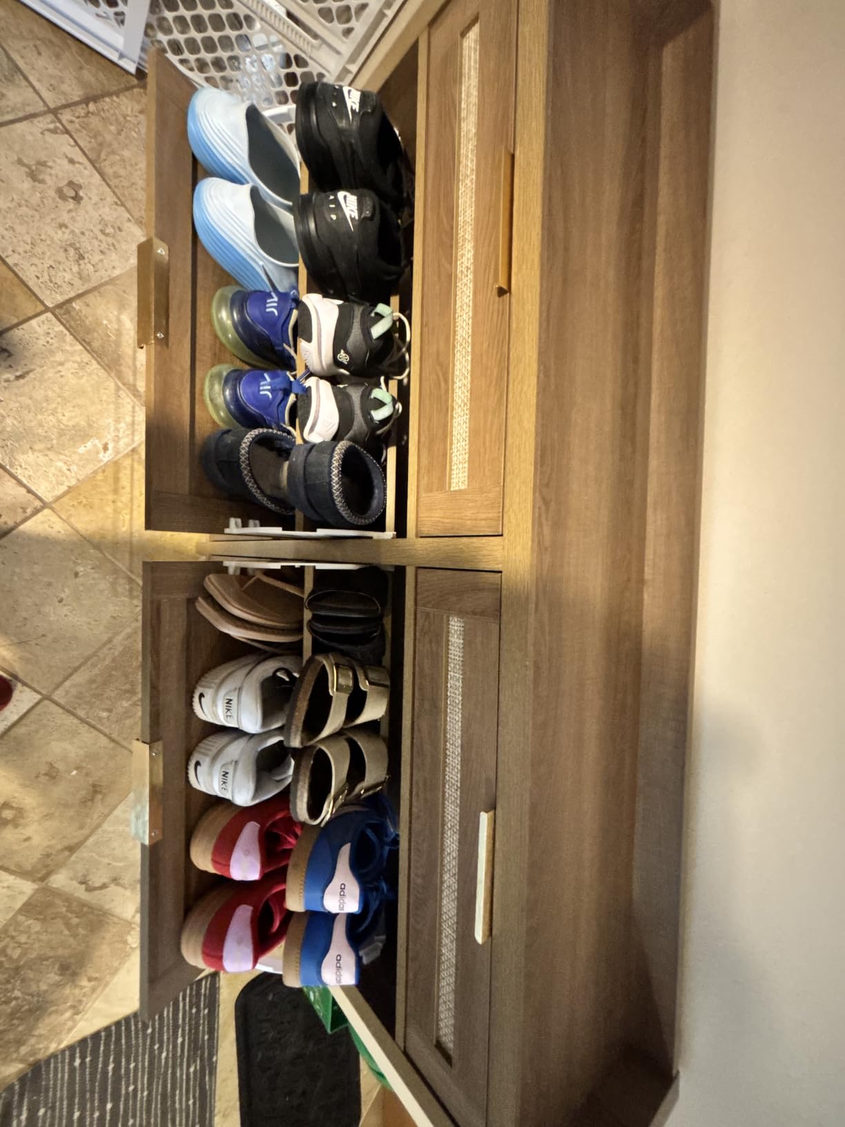 HOKYHOKY Rattan Shoe Storage Cabinet with 2 Drawers & 2 Flip Drawers - Hidden Slim Shoe Organizer for Entryway, Large Tabletop Space, Farmhouse Boho Narrow Shoe Rack, Rustic Oak customer photo 1