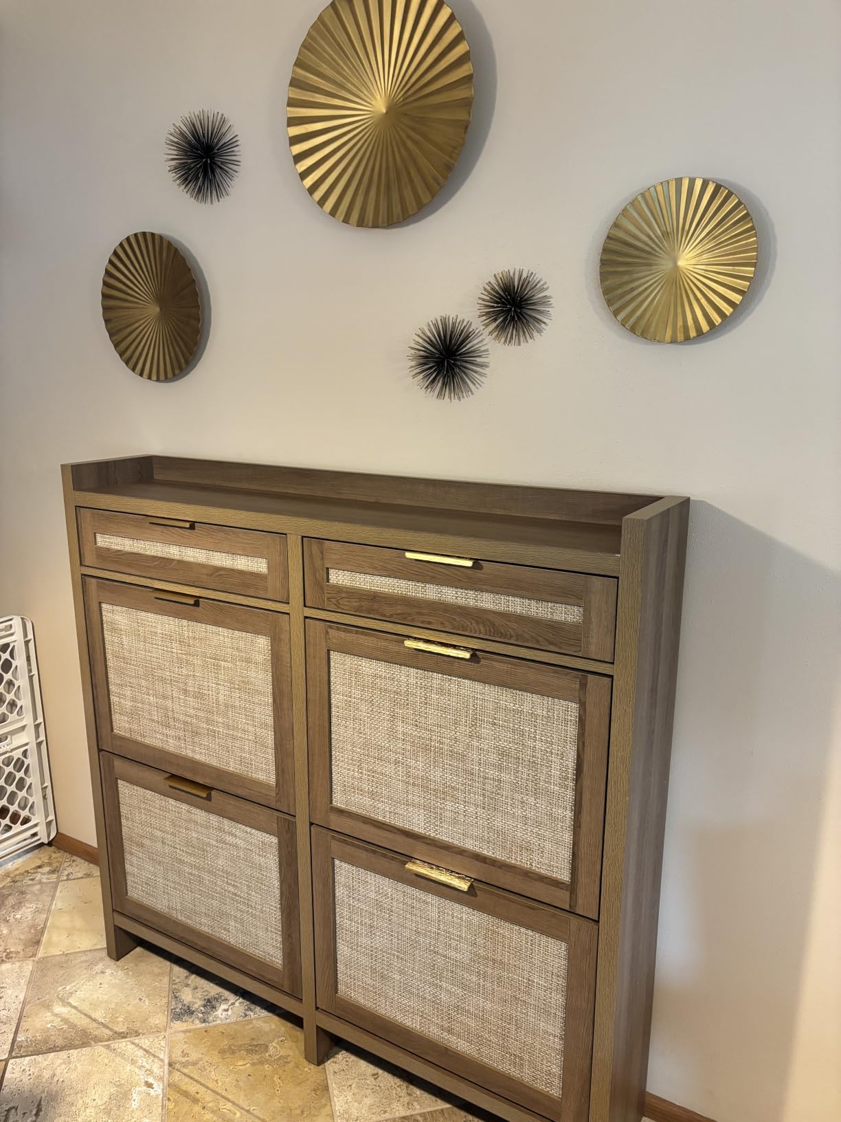 HOKYHOKY Rattan Shoe Storage Cabinet with 2 Drawers & 2 Flip Drawers - Hidden Slim Shoe Organizer for Entryway, Large Tabletop Space, Farmhouse Boho Narrow Shoe Rack, Rustic Oak customer photo 2