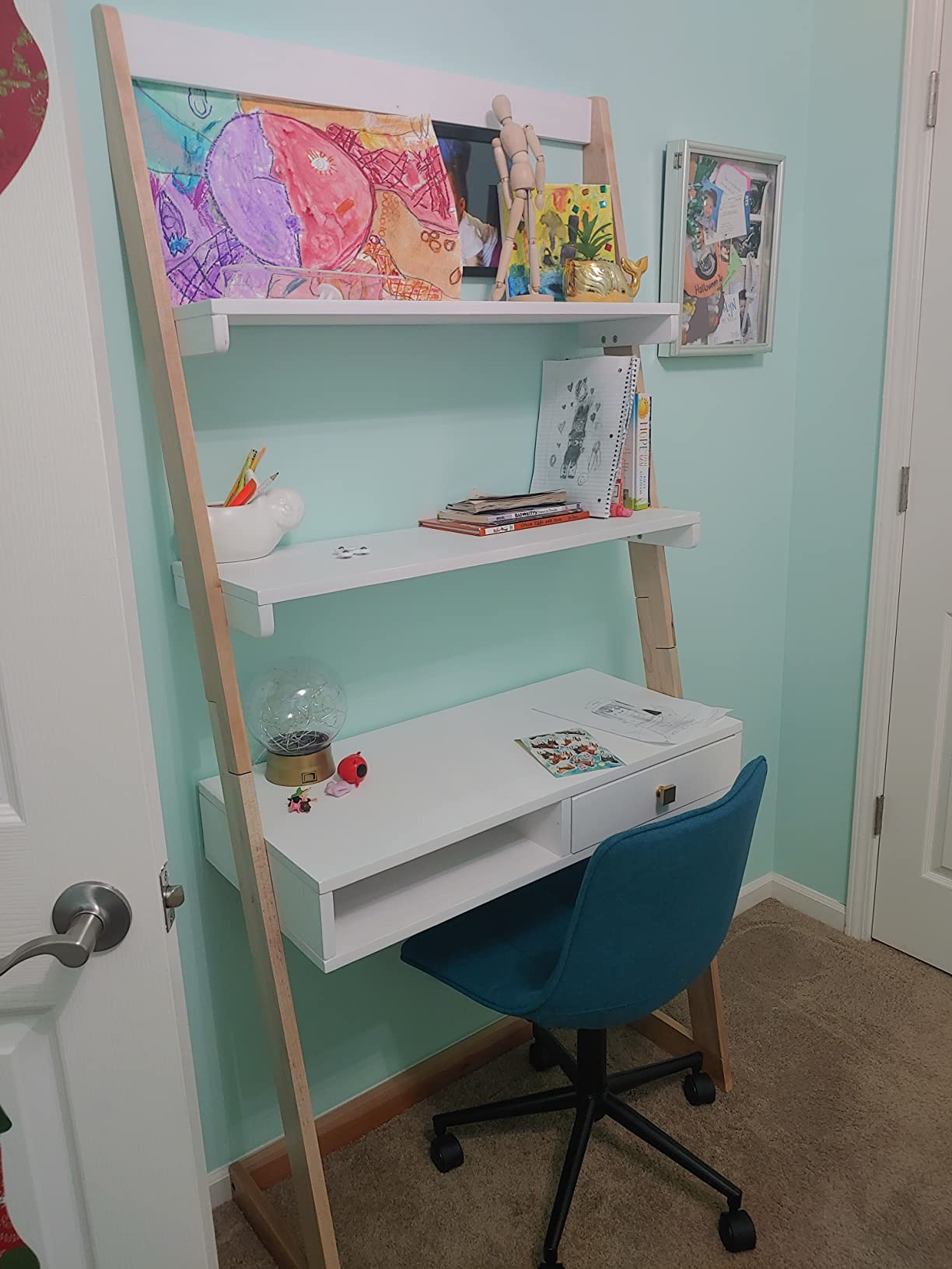 Freestanding Ladder Desk with Drawer, Natural customer photo 1