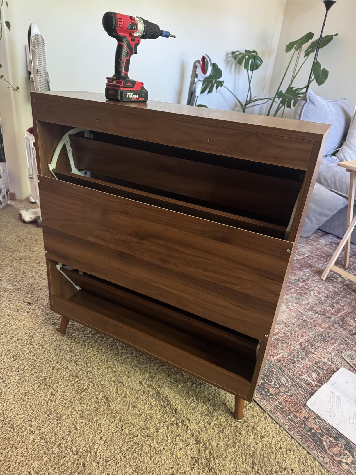 Fsbecl Shoe Storage Cabinet for Entryway with 2 Fluted Flip Drawers, Narrow Wood Shoe Cabinet with Fluted Panel, Freestanding Hidden Shoe Organizer for Foyer, Hallway (Walnut) customer photo 1