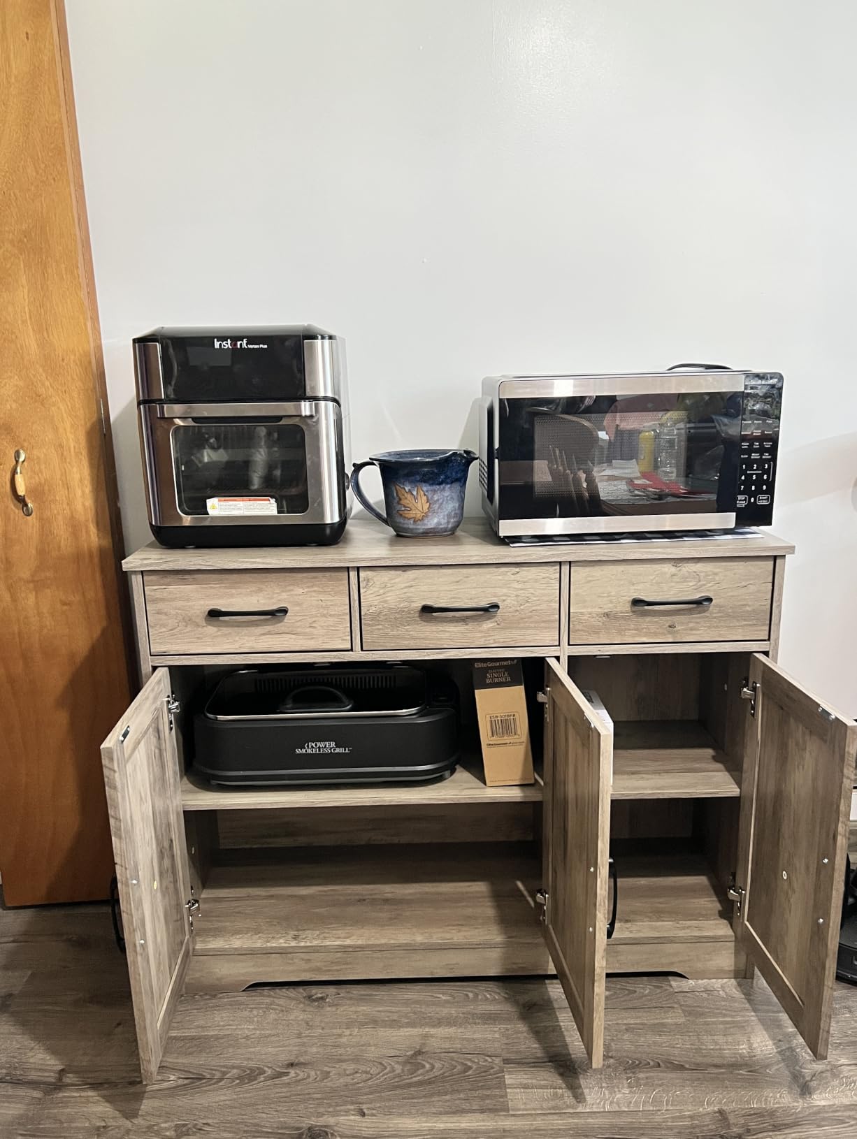 HOSTACK Kitchen Buffet Cabinet with Storage, Sideboard Coffee Bar, Black | Farmhouse Kitchen Storage Cabinet with 3 Drawers & Adjustable Shelf & Doors, 42.5