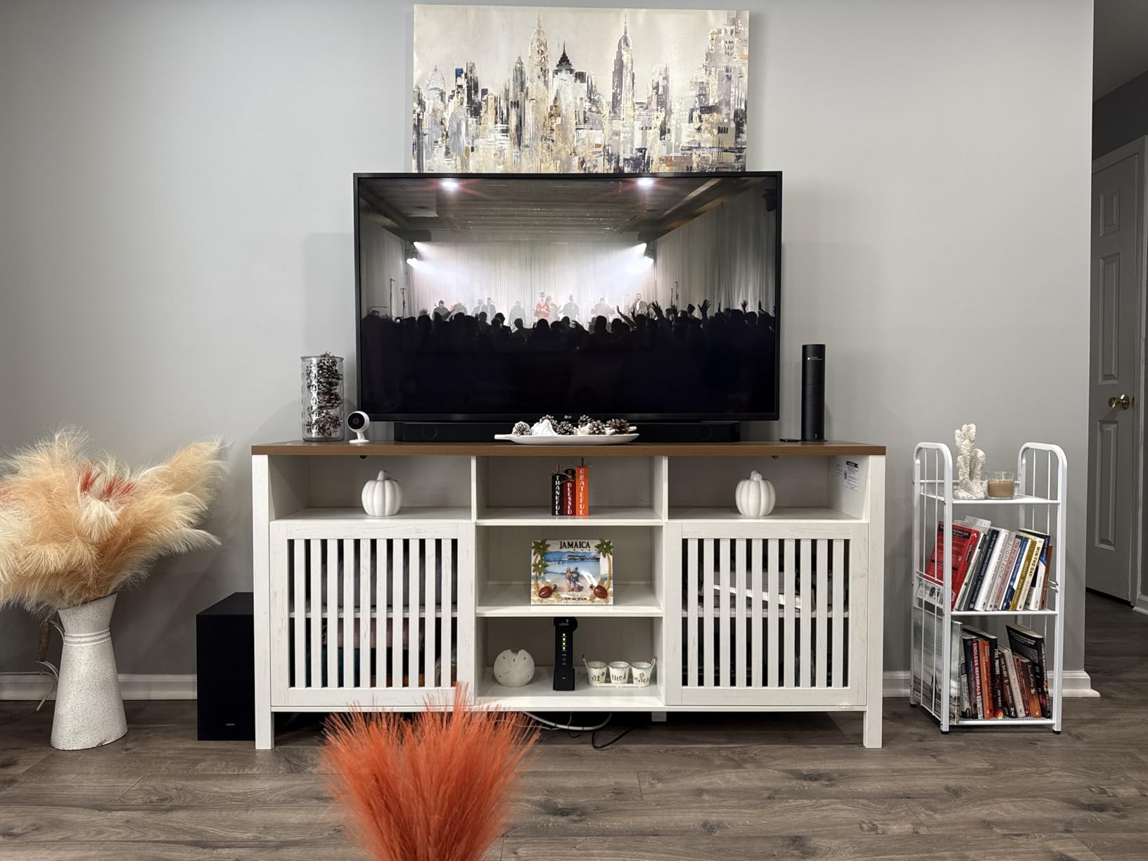 BVIUNTWO Farmhouse Brown TV Stand with Grille Doors, 7 Open Storage Compartments, 96