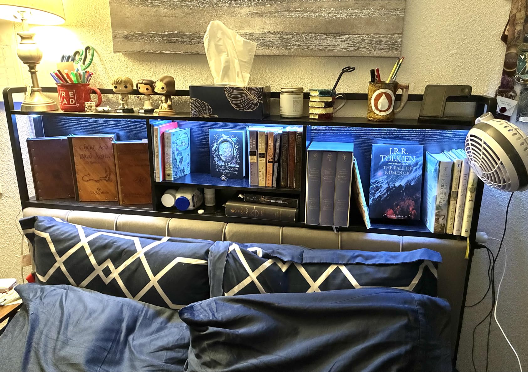 Hzuaneri Headboard with 3-Tier Storage Shelves, Queen Size | Velvet Upholstered Head Board with 2 Outlets, USB Ports & LED Light, Soft Backrest for Bed, Rustic Brown and Black customer photo 1