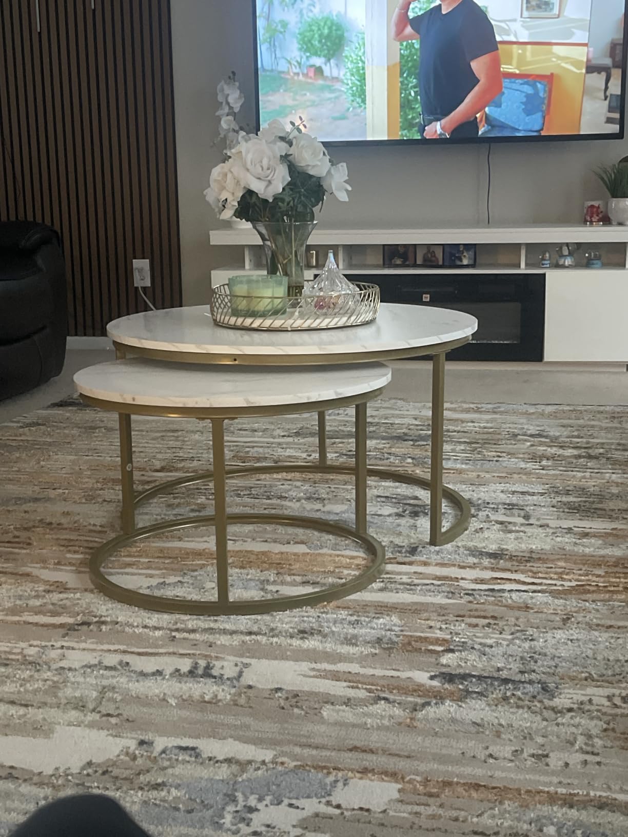 Otterease Nesting Tables Set of 2, Small Round Coffee Table for Living Room, Nesting Coffee Table with Adjustable Non-Slip Feet, Wood Grain Top Nesting Table for Living Room, Bedroom customer photo 1