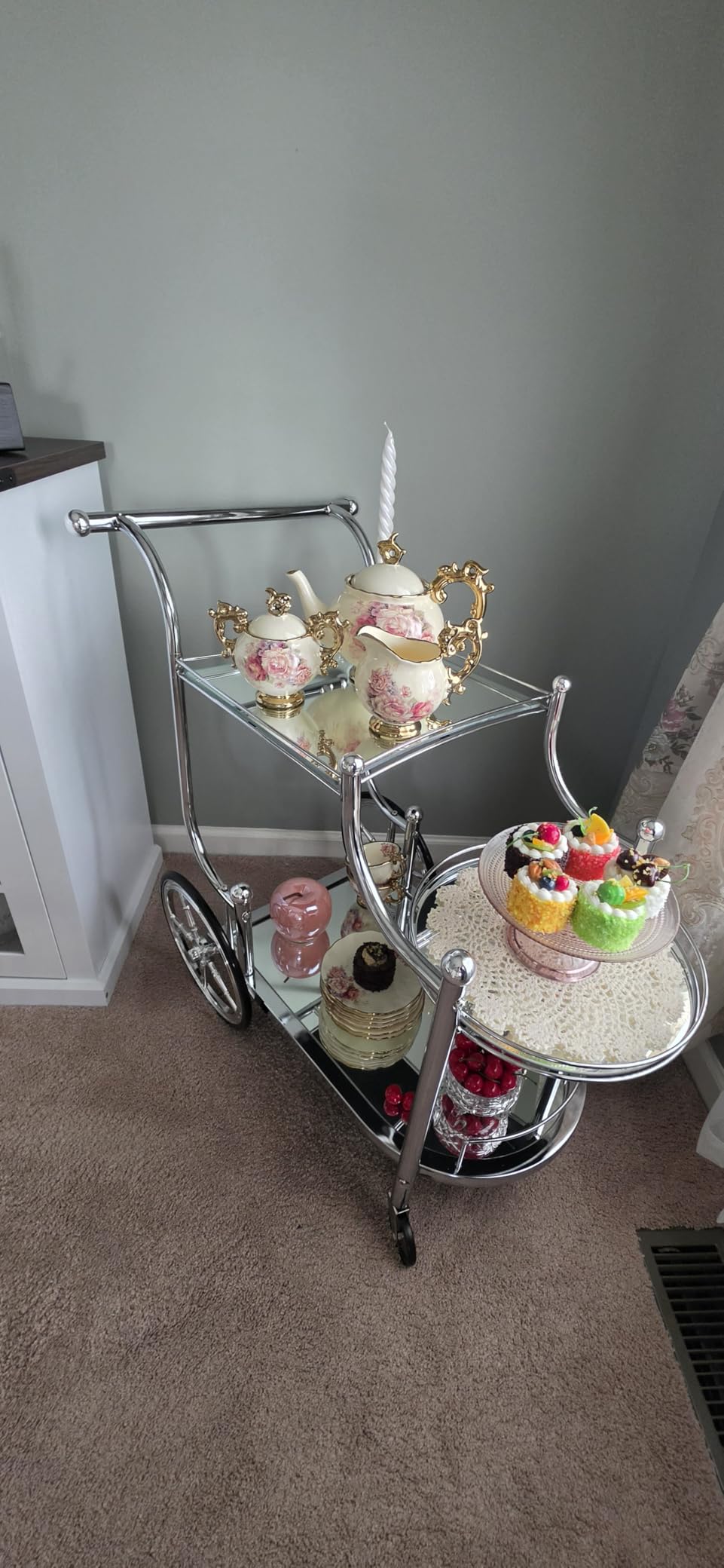 Tangkula Bar Cart, 3-Tier Rolling Home Bar Serving Cart with Mirrored Shelves & 4 Wheels, Mobile Beverage & Wine Cart for Kitchen, Dining Room, Living Room (Gold) customer photo 1