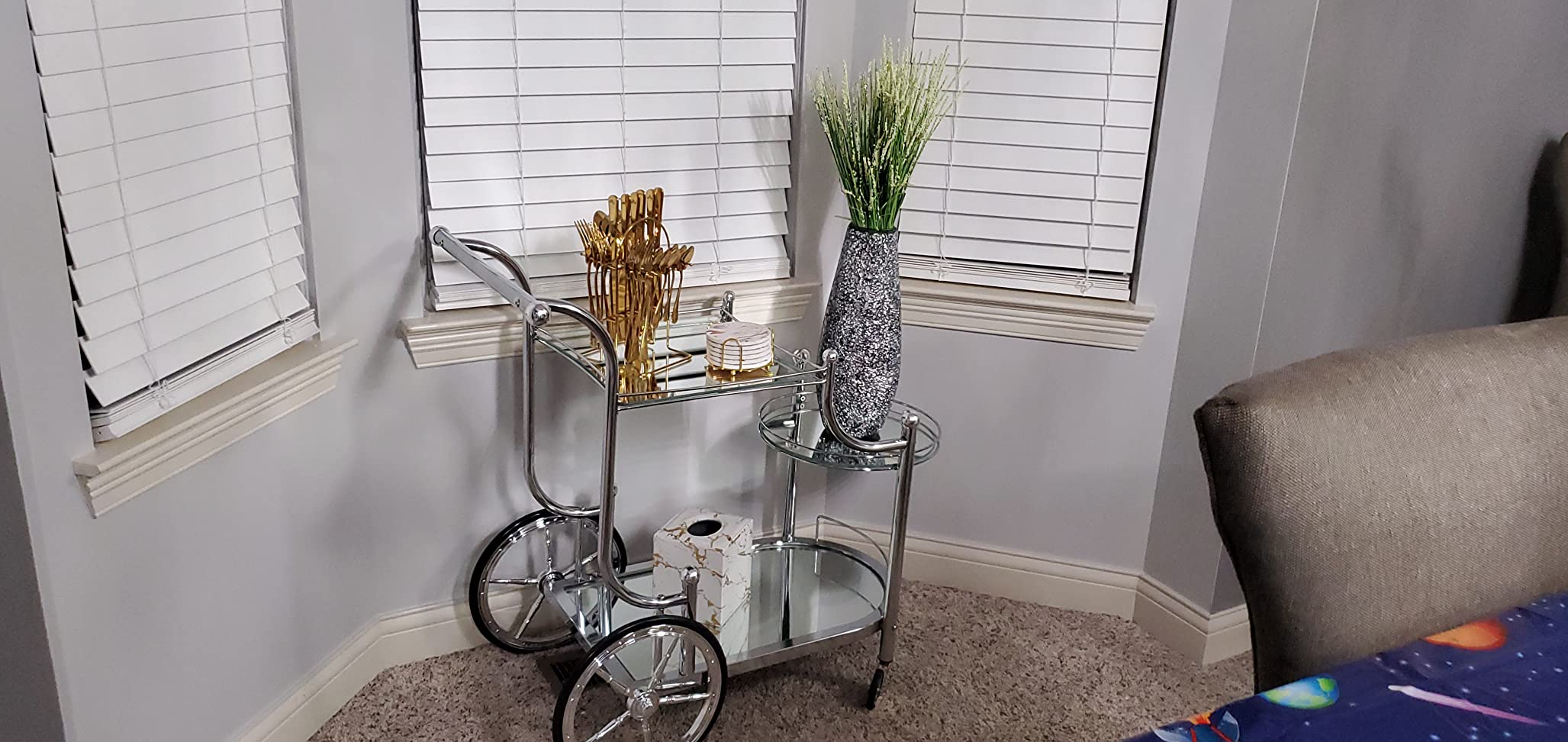 Tangkula Bar Cart, 3-Tier Rolling Home Bar Serving Cart with Mirrored Shelves & 4 Wheels, Mobile Beverage & Wine Cart for Kitchen, Dining Room, Living Room (Gold) customer photo 2