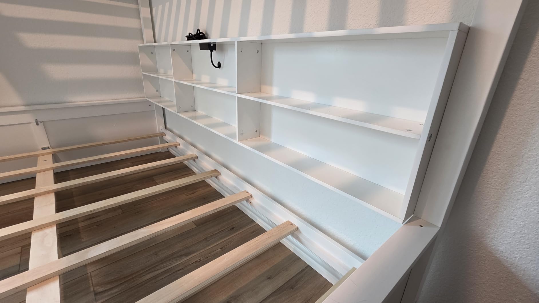 RUNNA Twin XL Over Queen Bunk Bed with Storage,USB, Antique White | Twin XL over queen bunk bed with storage, USB, solid pine wood, guardrails, no box spring needed, antique white customer photo 1