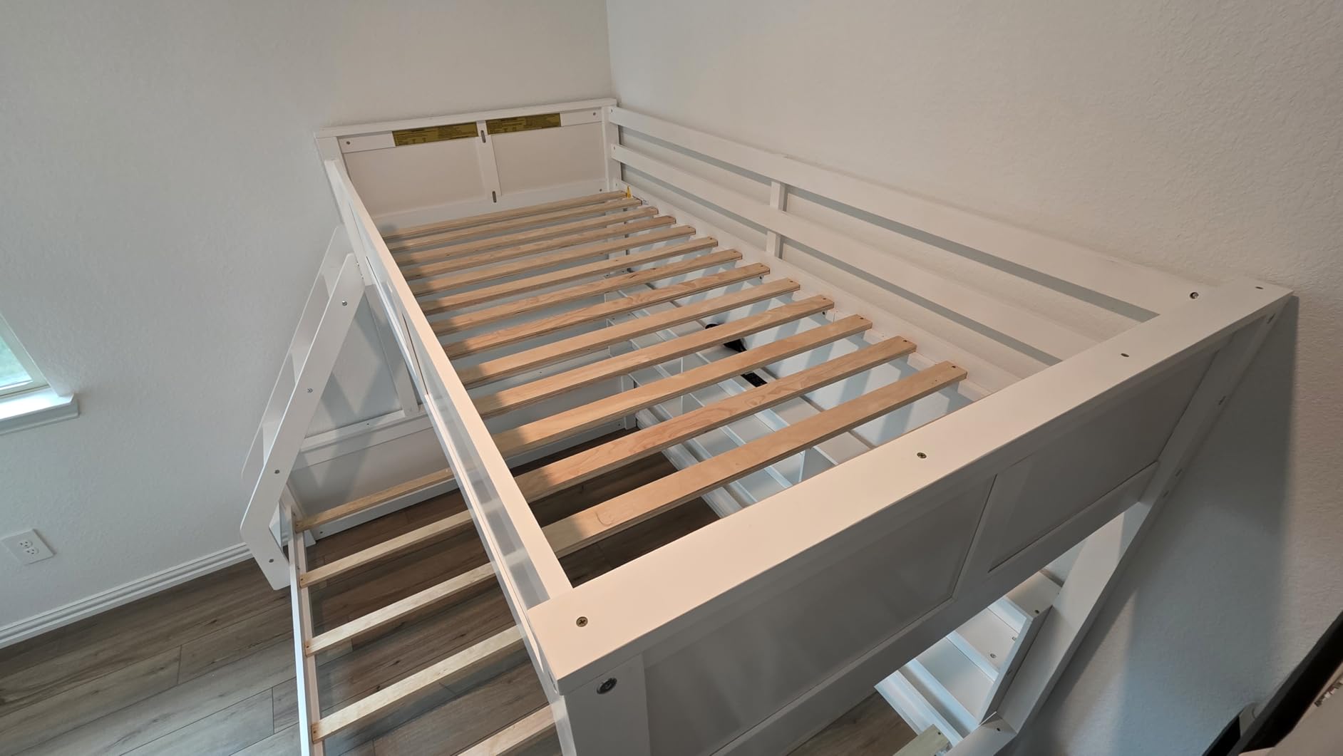RUNNA Twin XL Over Queen Bunk Bed with Storage,USB, Antique White | Twin XL over queen bunk bed with storage, USB, solid pine wood, guardrails, no box spring needed, antique white customer photo 2
