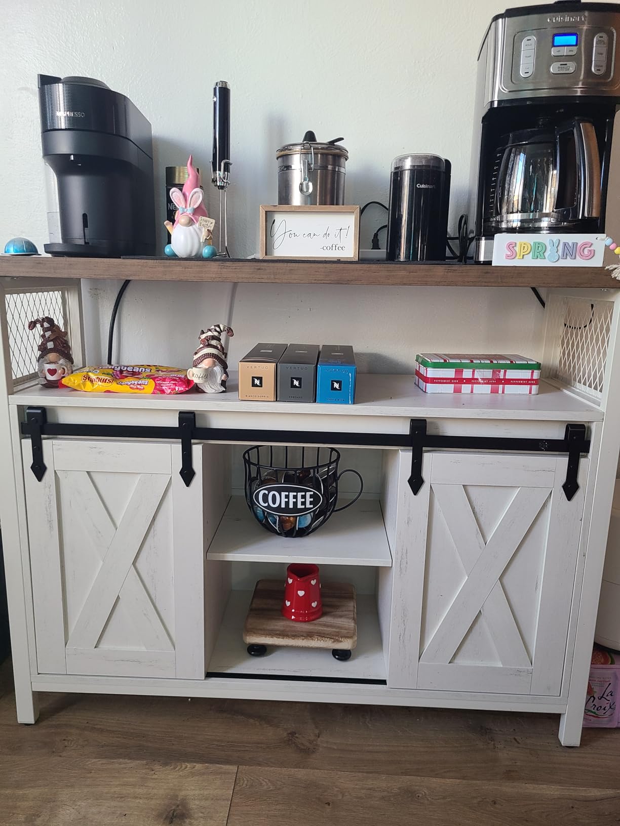 VASAGLE Buffet Cabinet, Coffee Bar Storage Cabinet, Sideboard with 2 Sliding Barn Doors, Adjustable Shelves, 13 x 39.4 x 31.5 Inches, for Living Room, Rustic White and Honey Brown ULSC092W01 customer photo 1