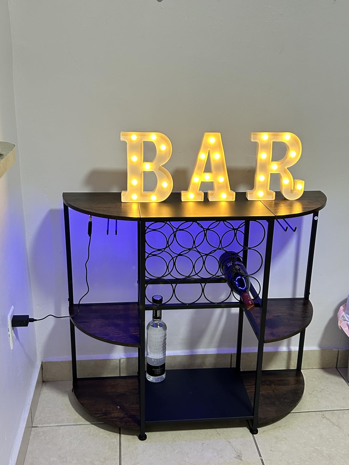 JKsmart Wine Bar Cabinet with LED Lights, Mini Wine Bar Cart with Storage and Glass Holder, Home Bar Coffee Bar for Liquor, 3-Tier Bar Table for Kitchen, Dining Room, Living Room, Black customer photo 1