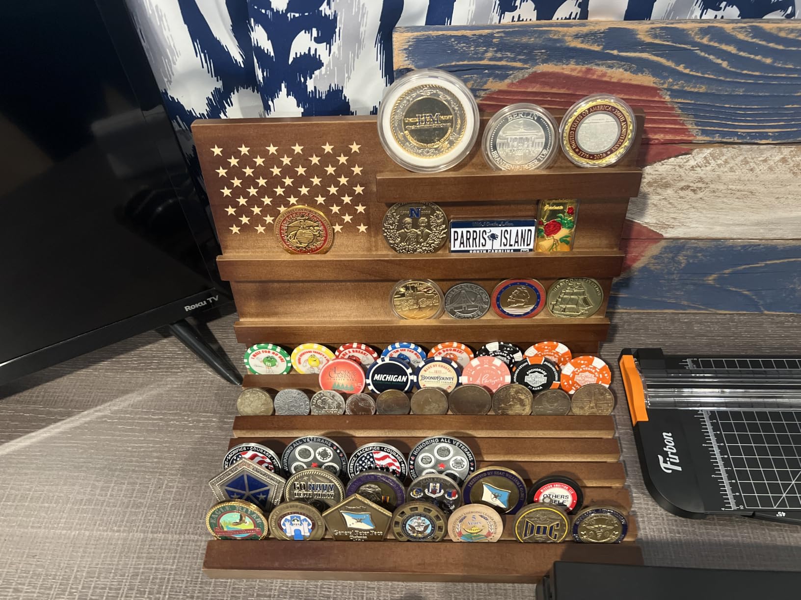 Challenge Coin Display, Black Military Coin Holder Tabletop Case | Large Slotted Stand Hold 80 Multi Coins 3+8 Racks Solid Wood Gift for Navy Army Police Veterans Collection Desktop Decorative customer photo 2