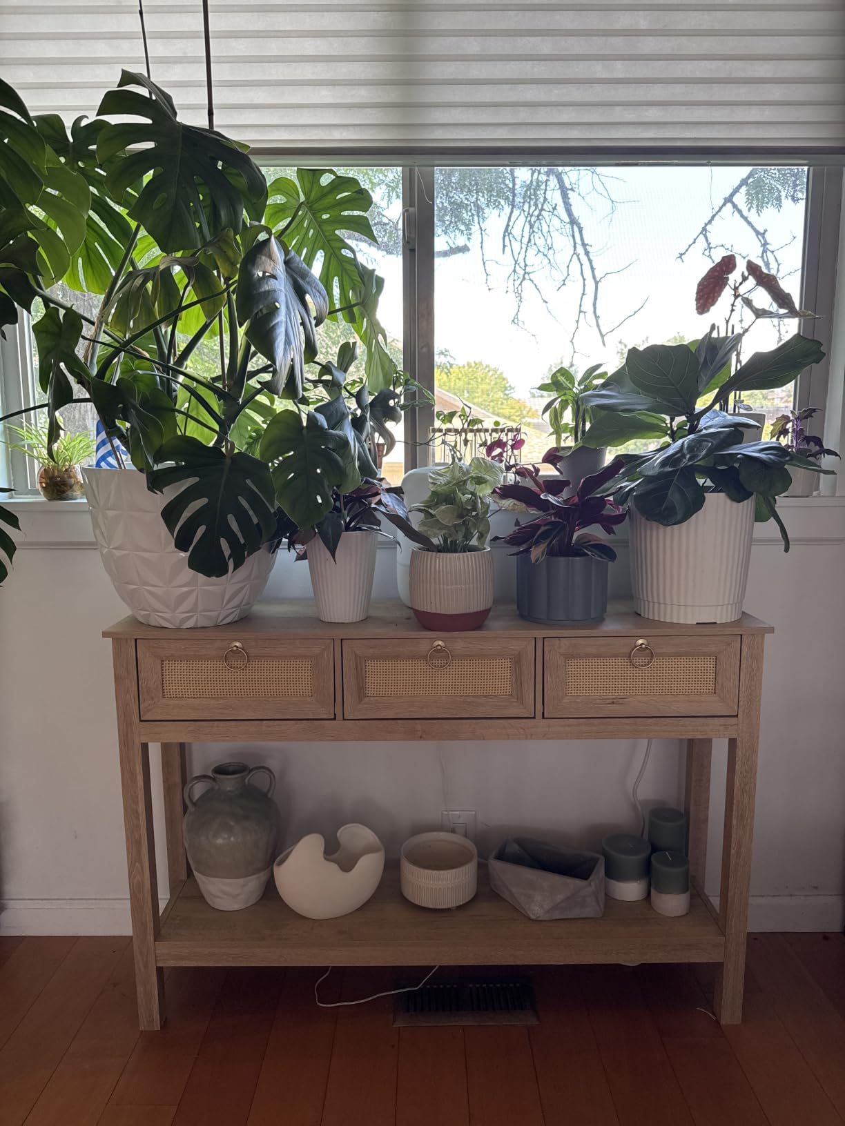 SUPERJARE Rattan Console Sofa Table with Outlets, USB-C Port and 3 Drawers | Entryway Table with Synthetic Rattan Surface, Open Shelf, Behind Couch Entry Foyer Hallway Storage, Natural customer photo 1
