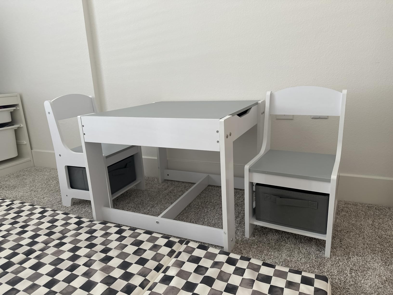 Pterying Wood Toddler Table and Chair Set, Kids Activity Desk, White Gray | 3-in-1 Desk with Reversible Paintable Tabletop, 2 Under-Seat Storage Drawers, for Crafts, Arts, Drawing, Learning customer photo 1