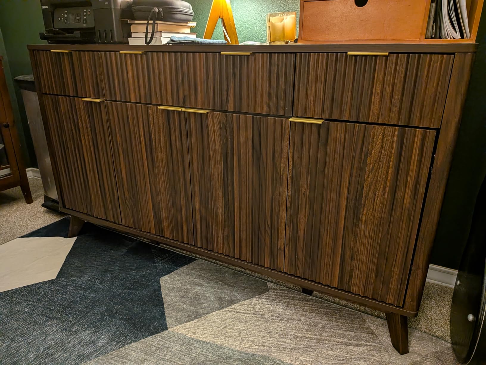T4TREAM 60 Inch Fluted Buffet Sideboard Cabinet, Dark Walnut | Modern Coffee Bar Storage Cabinet With 3 Drawers & 4 Doors, for Dining Room, Living Room, Hallway, Adjustable shelves customer photo 2