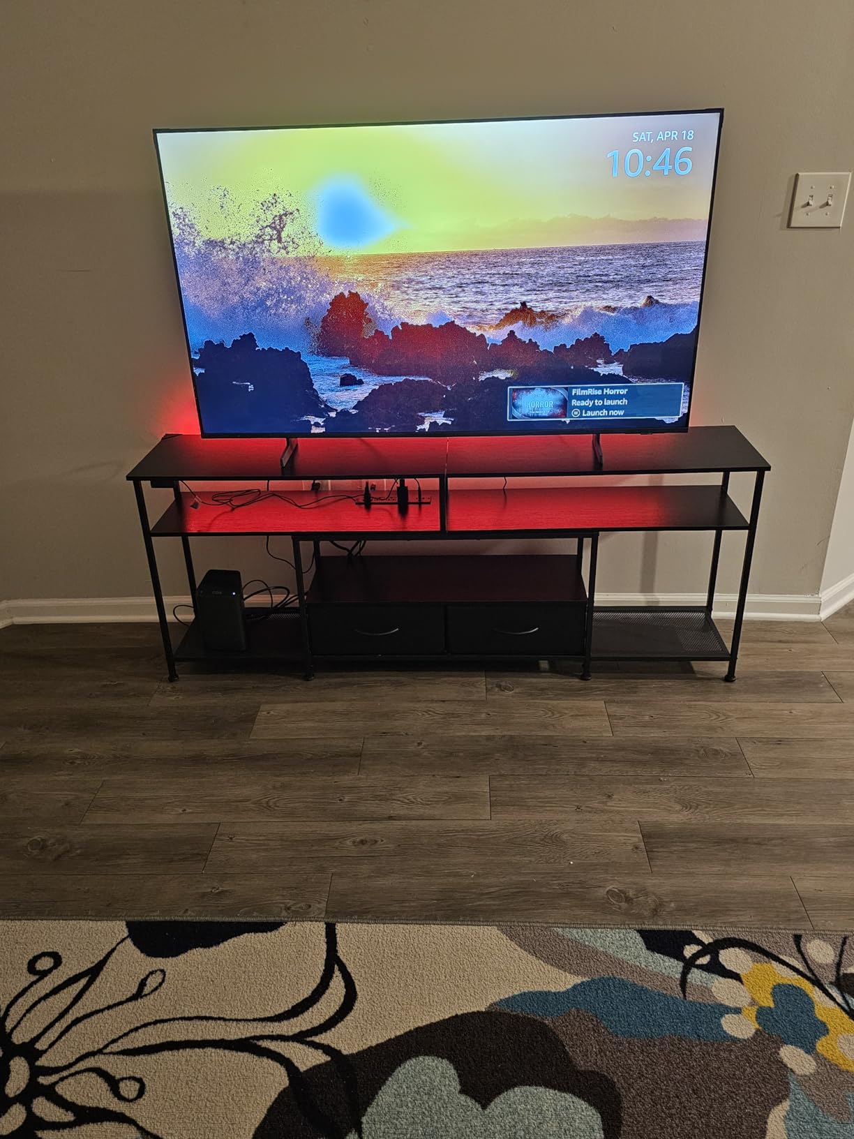 Huuger 79 Inch TV Stand for 85, 90 Inch TV, Entertainment Center with LED Lights and Power Outlets, TV Console with Drawers, Shelves, Type C, PU Leather Surface, for Living Room, Black customer photo 1