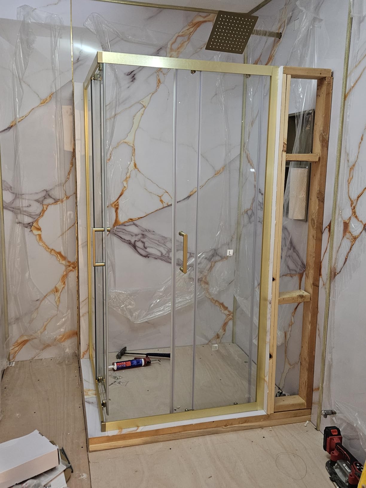 Corner Shower Enclosure 36 in.D x 36 in. W x 71 in. H | Brushed Gold Framed Double Sliding Shower Door with 1/4