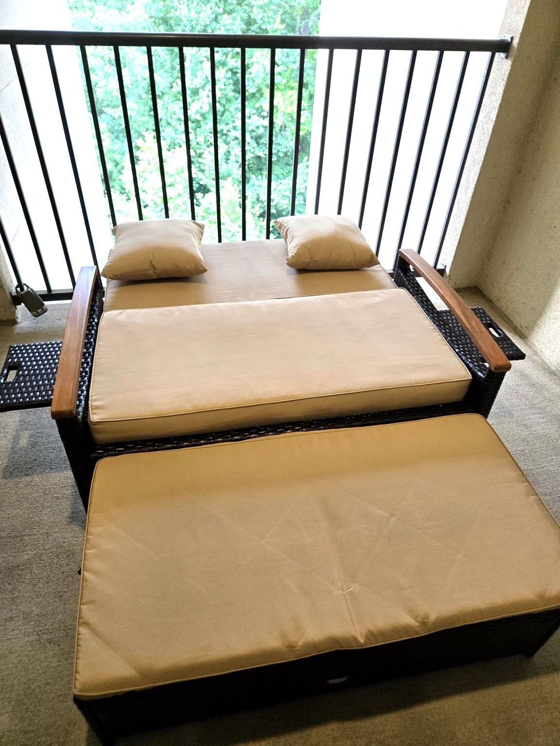 COSTWAY Patio Rattan Daybed, Outdoor Loveseat Sofa with Storage Ottoman | 4-Level Adjustable Backrest & Acacia Wood Armrest, Outdoor Wicker Daybed with Side Panels for Yard, Deck, Poolside (Beige) customer photo 1