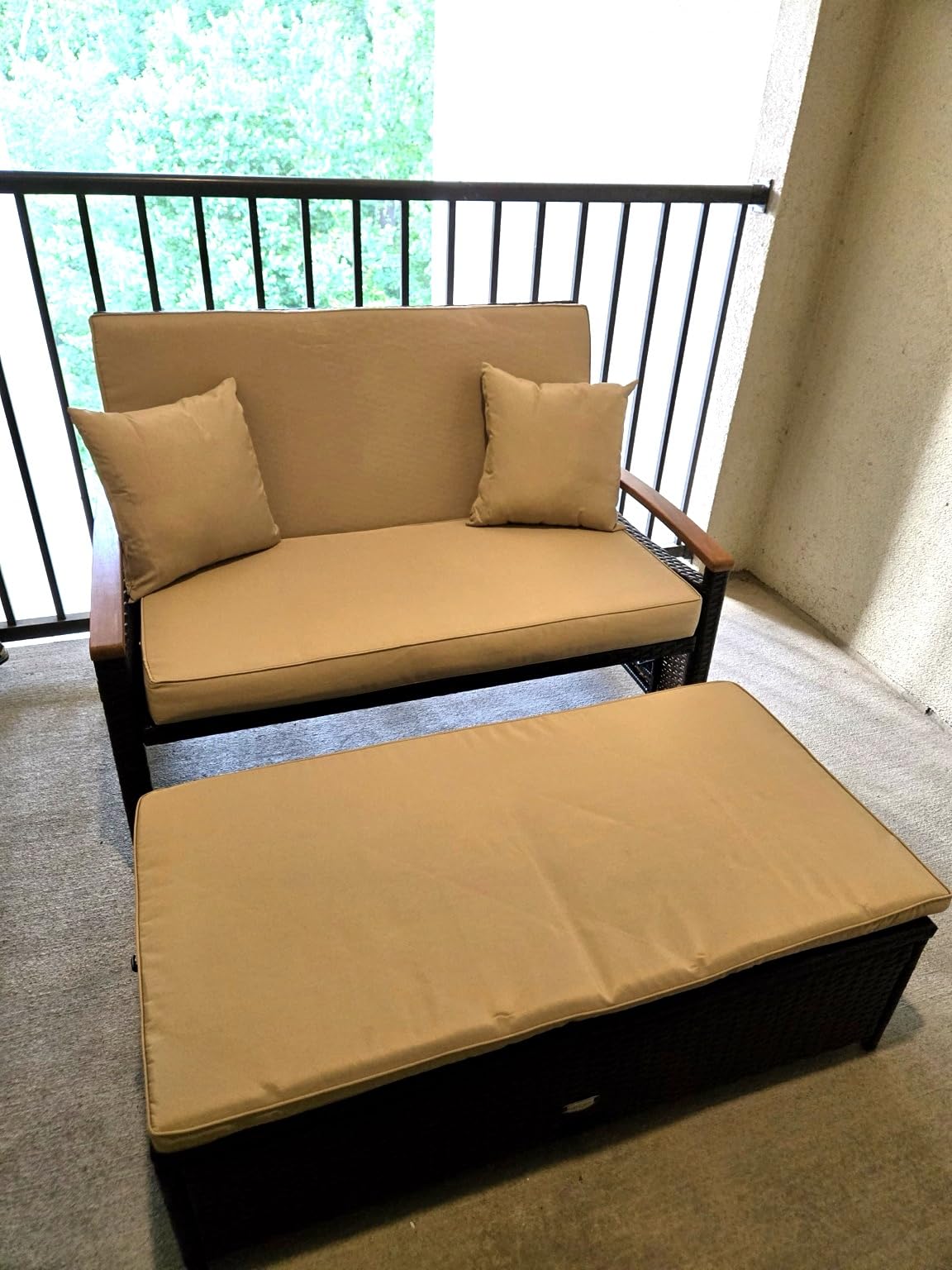 COSTWAY Patio Rattan Daybed, Outdoor Loveseat Sofa with Storage Ottoman | 4-Level Adjustable Backrest & Acacia Wood Armrest, Outdoor Wicker Daybed with Side Panels for Yard, Deck, Poolside (Beige) customer photo 2