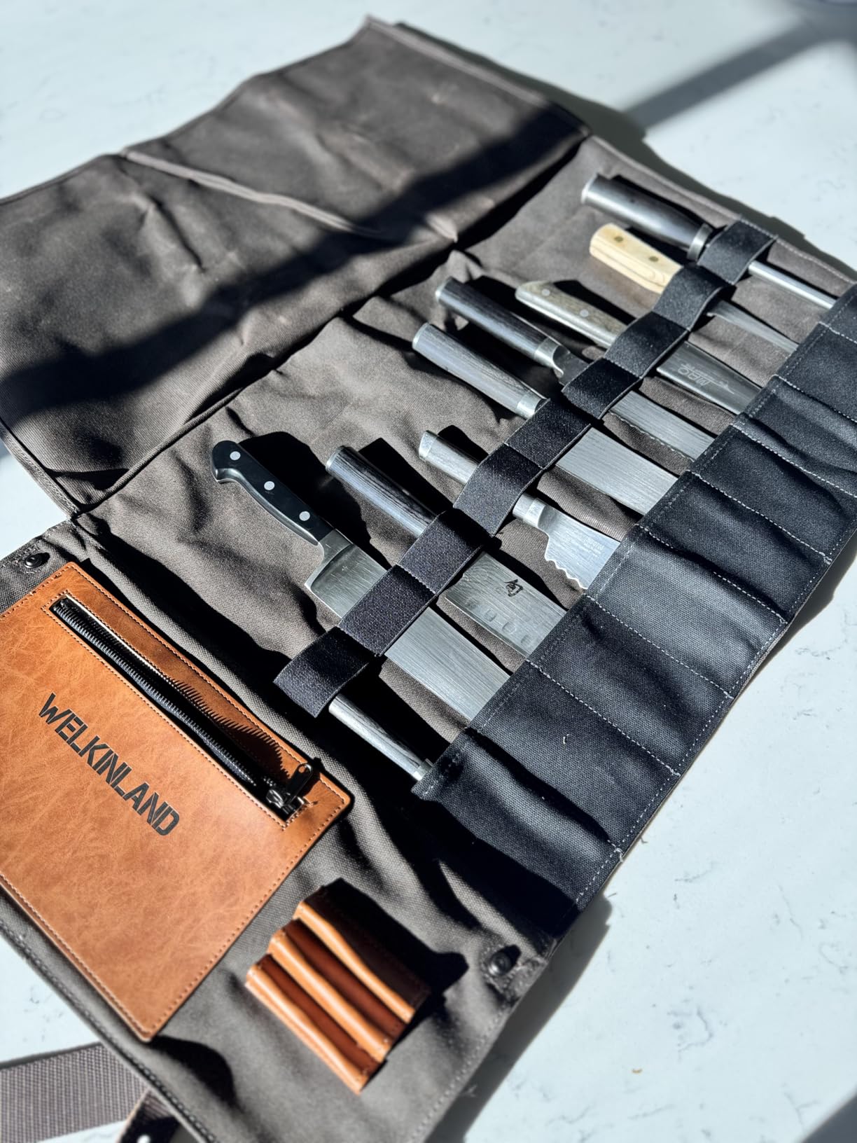 WELKINLAND 13-Pocket Knife Roll, Heavy-Duty Canvas Leather Knife Roll Bag | Safety-Protection Chef Knife Roll Up, Quick-Access Chefs Knife Roll, Easy-Carry Knife Roll Case, Easy-Organized Knife Wrap customer photo 2