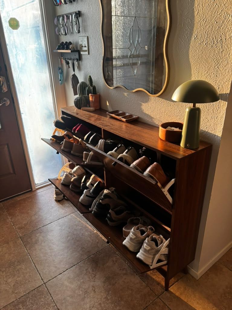 Fsbecl Shoe Storage Cabinet for Entryway with 4 Fluted Flip Drawers, Walnut | Slim Freestanding Shoe Organizer with Hidden Storage, Adjust Shelves, Wooden 2-in-1 Hall Tree for Entryway Foyer, 18-24 Pairs customer photo 1