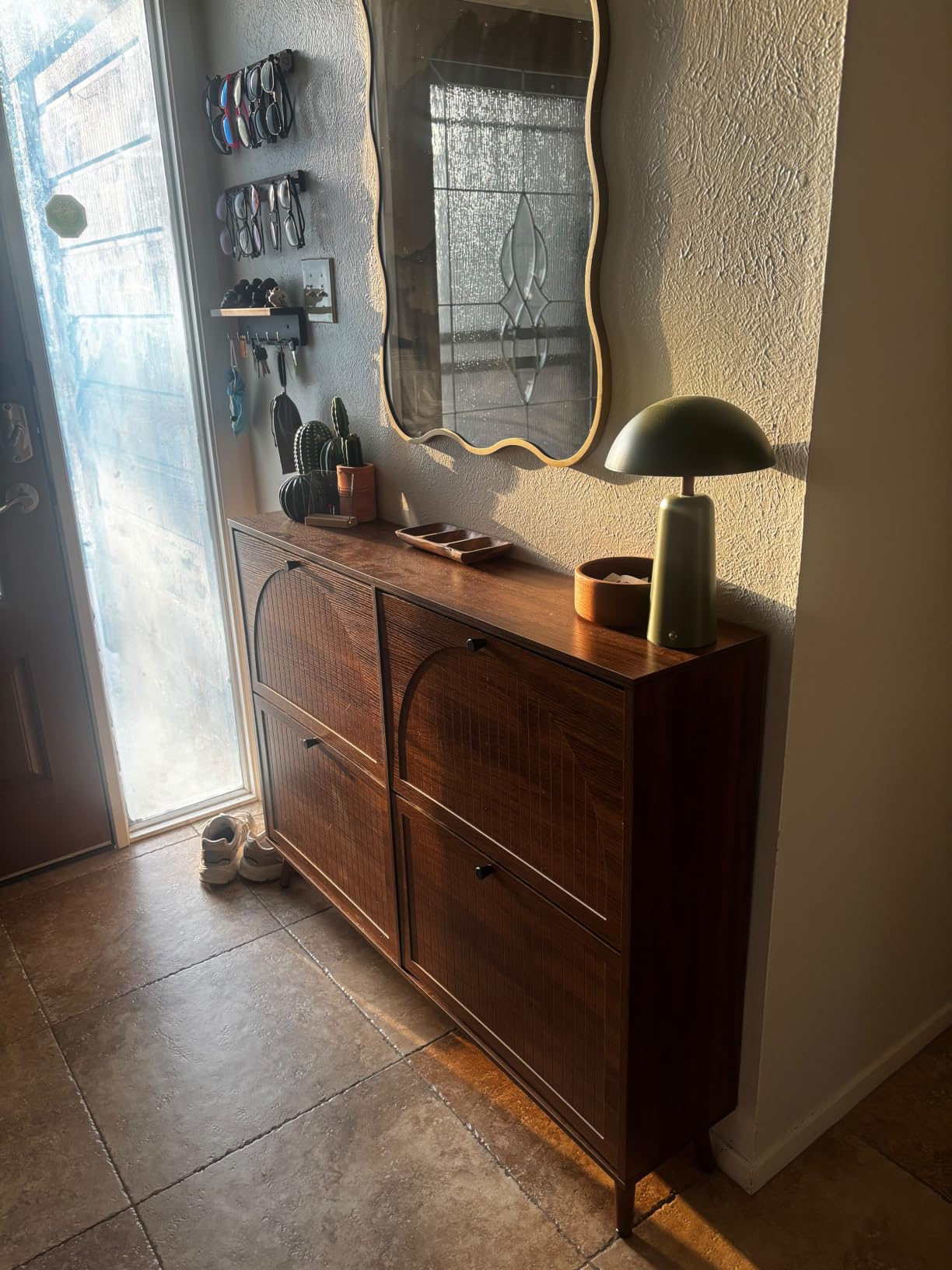 Fsbecl Shoe Storage Cabinet for Entryway with 4 Fluted Flip Drawers, Walnut | Slim Freestanding Shoe Organizer with Hidden Storage, Adjust Shelves, Wooden 2-in-1 Hall Tree for Entryway Foyer, 18-24 Pairs customer photo 2