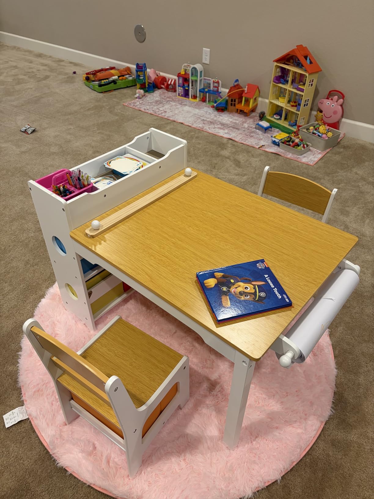 Kinder King Kids Art Table & 2 Chairs Set, Bookshelf, Grey | Paper Roll, Wood Toddler Activity Table w/Storage, Drawing, Studying, Kids Table Chair for Playroom, Daycare, Home, Age 3+ customer photo 1