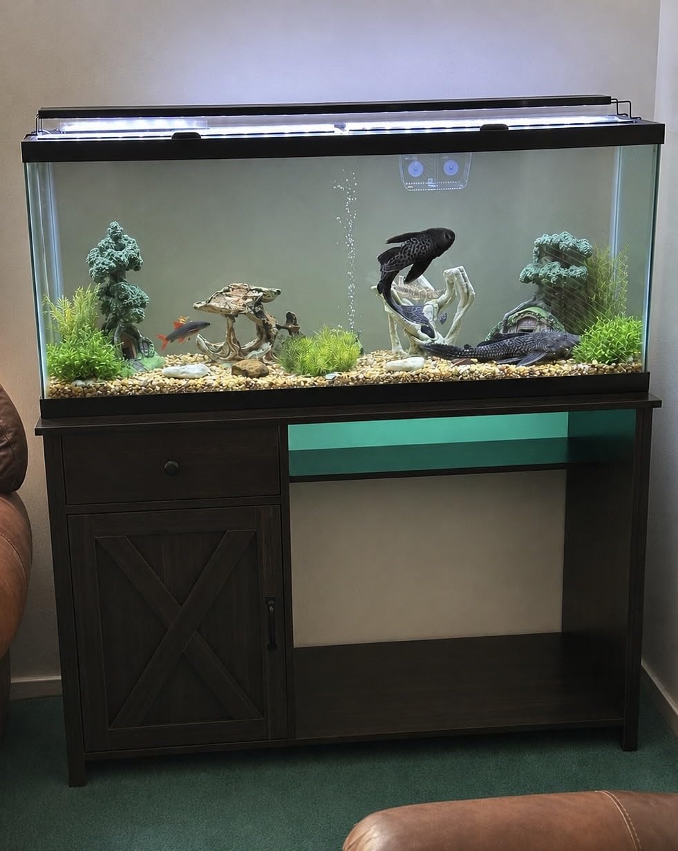 4ever2buy 55-75 Gallon Fish Tank Stand with Power Outlets, LED Light, Heavy Duty Aquarium Stand with Cabinet for Fish Tank Accessories Storage, for Turtle Tank, Reptile Terrarium, 1100LBS, Rustic Brown customer photo 2
