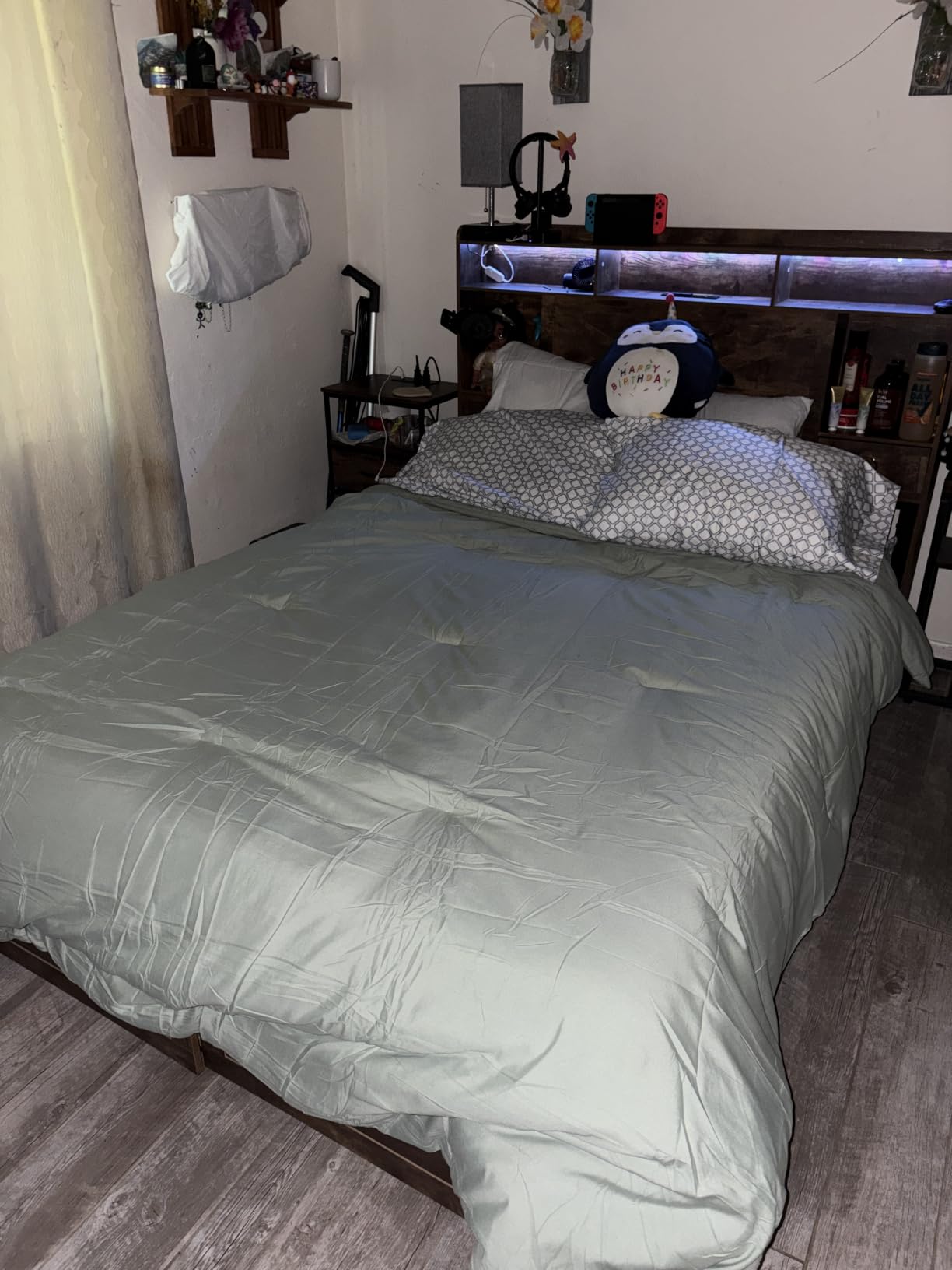 TIGUBFRE Queen Bed Frame with 4 Drawers Bookshelf Headboard, Farmhouse Bed Frame with Charging Station & LED Lights, Metal Slats Support, Noise Free, No Box Spring Needed customer photo 1