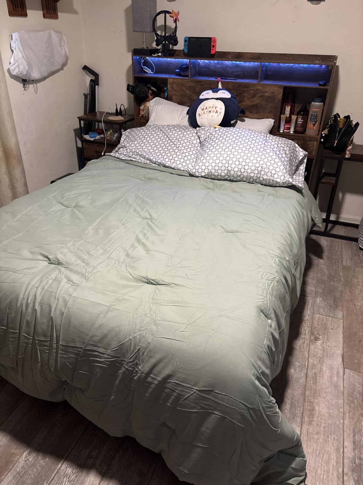 TIGUBFRE Queen Bed Frame with 4 Drawers Bookshelf Headboard, Farmhouse Bed Frame with Charging Station & LED Lights, Metal Slats Support, Noise Free, No Box Spring Needed customer photo 2