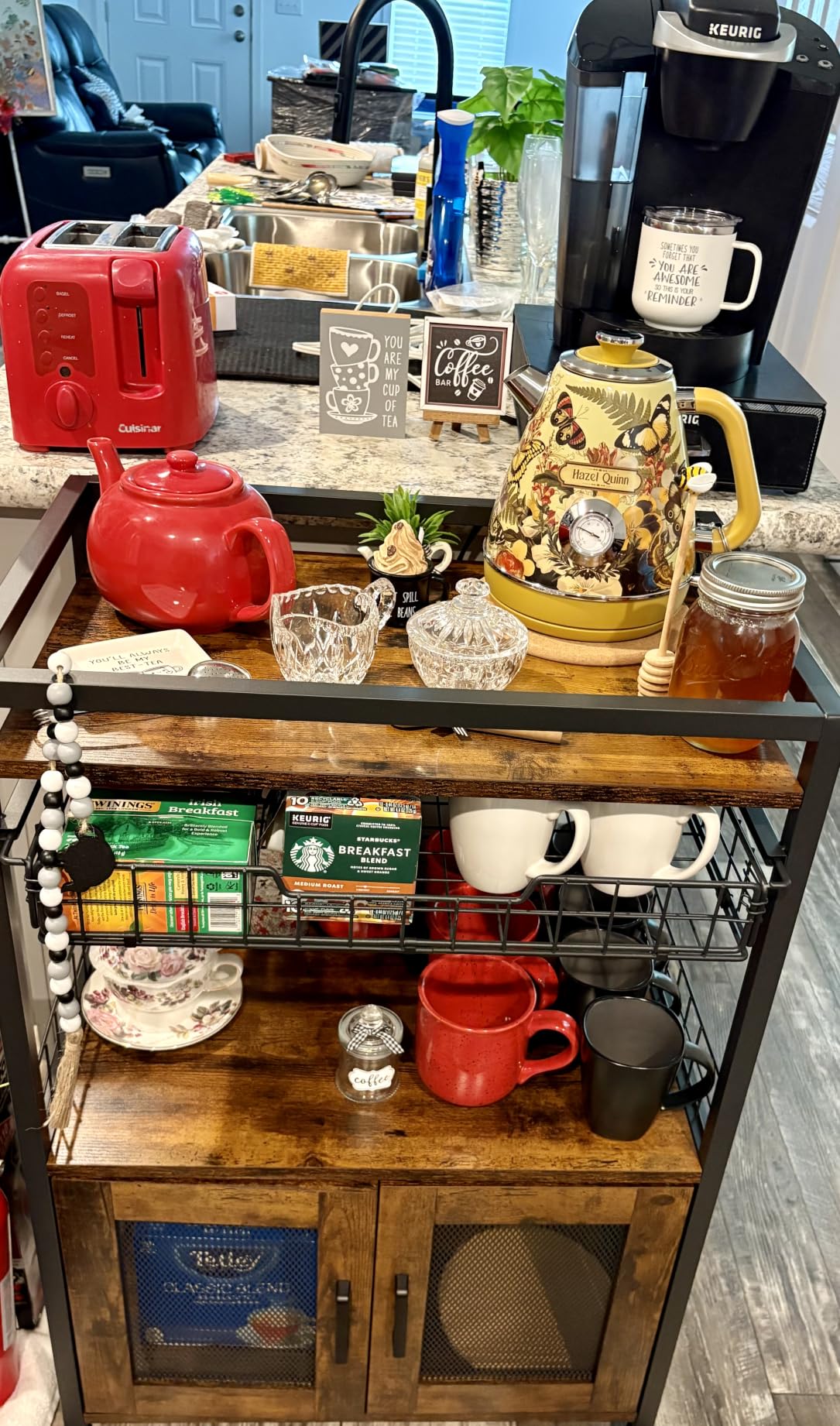 3 Tier Slim Rolling Coffee Cart with 2-Door & Pull-Out Wire Basket Drawer, Coffee Bar Cabinet on Lockable Casters, Microwave Cart with Storage customer photo 2