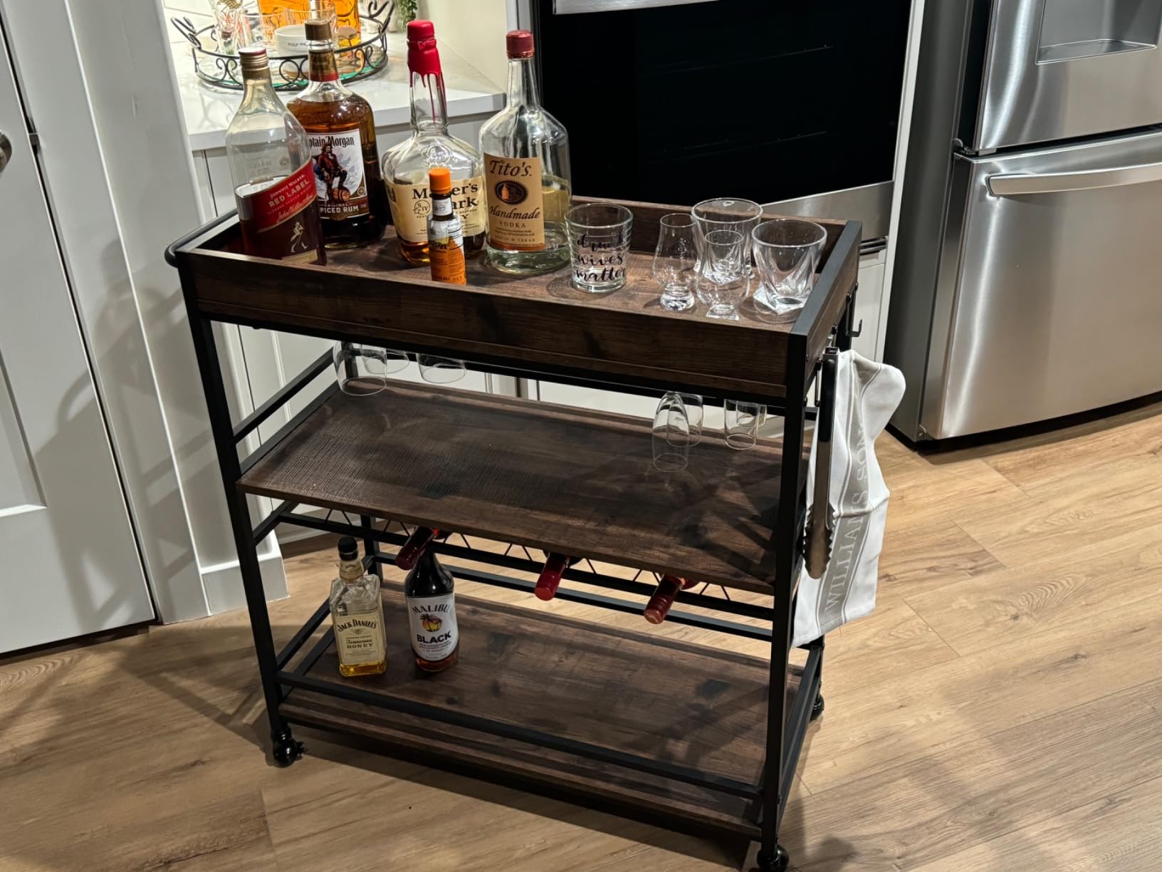 Gold Bar Cart on Wheels for Home with Wine Rack & Glass Holders | 3-Tier, Rolling Serving Cart for liquor, Wine and Beverages, Lockable Mobile Wheels for Home Bars, Faux Marble+ Gold Frame customer photo 1