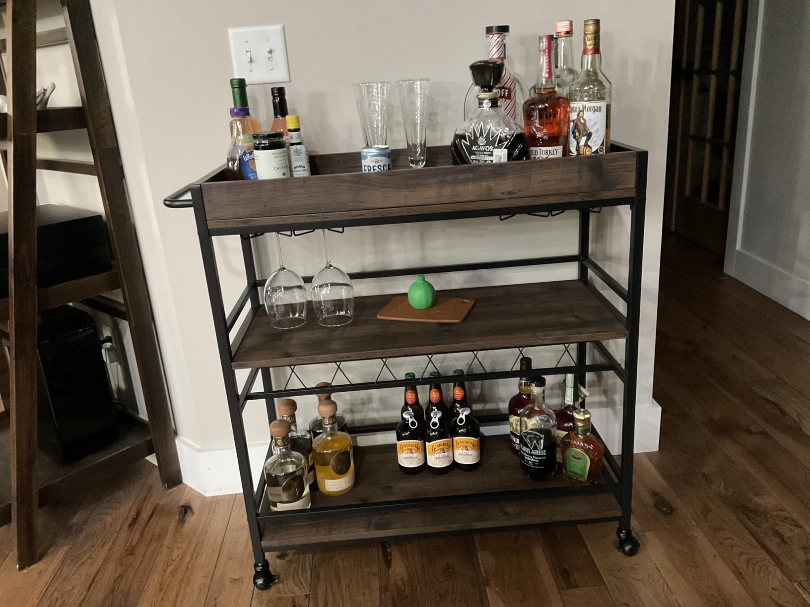 Gold Bar Cart on Wheels for Home with Wine Rack & Glass Holders | 3-Tier, Rolling Serving Cart for liquor, Wine and Beverages, Lockable Mobile Wheels for Home Bars, Faux Marble+ Gold Frame customer photo 2