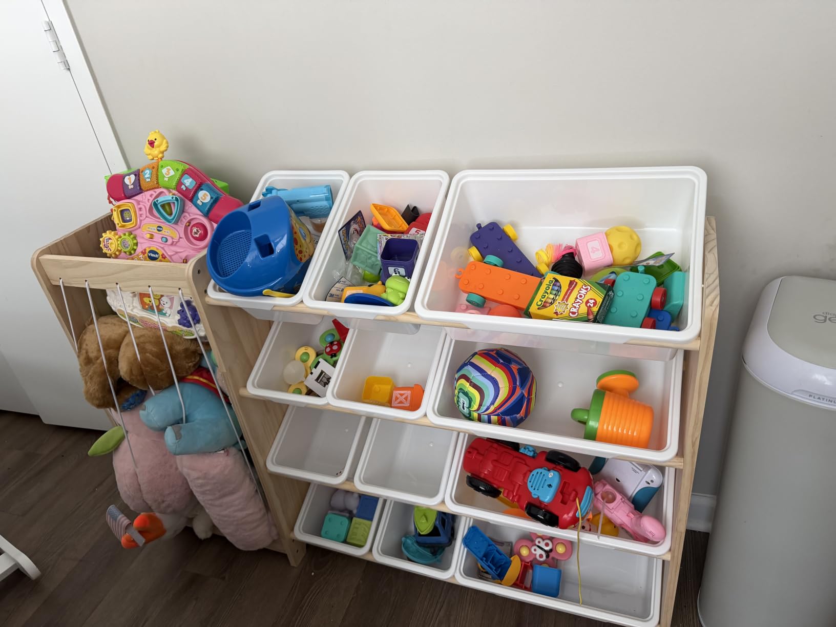 EXPERLAM Kids Toy Storage Organizer, 2-in-1 Stuffed Animal Storage & Toy Organizer w/12 Bins, Solid Wood Toy Rack Featuring Thicker Elastic Ropes to Hold Toys, Playroom Nursery Bedroom Storage, White customer photo 2