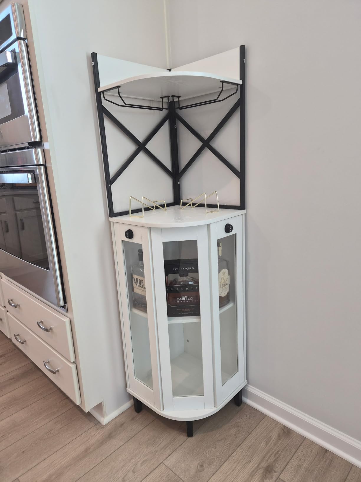 COCO DESIGN Black Corner Wine Cabinet, Lockable Glass Door with LED Light | 4-Tier Storage With 2 Wine Racks & 2 Display Trays; Modern Farmhouse; Fits Kitchen, Dining And Living Room customer photo 2