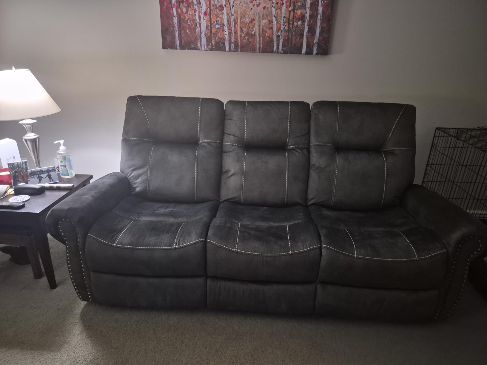 Manual Recliner Loveseat Sofa, 2 Seater Reclining Couch Chair with Center Console, Hidden Storage and Cup Holders, Vintage Rivet Mid-Century Design for Living Room, Meeting Room, Grey customer photo 1