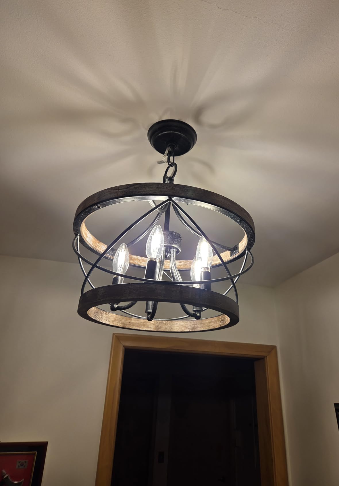 Farmhouse Wood Chandelier Light Fixture, 16 Inch Dining Room Light Fixture | Over Table, 5-Light French Country Rustic Industrial Drum Chandelier for Kitchen Dining Room Entryway customer photo 1