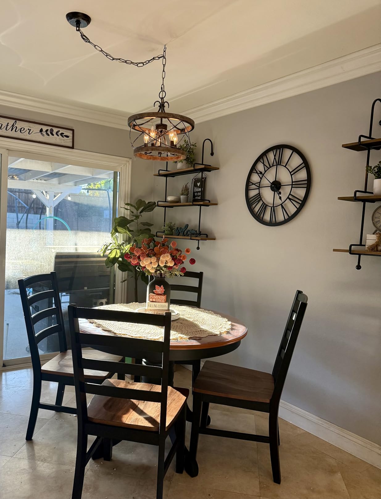 Farmhouse Wood Chandelier Light Fixture, 16 Inch Dining Room Light Fixture | Over Table, 5-Light French Country Rustic Industrial Drum Chandelier for Kitchen Dining Room Entryway customer photo 2