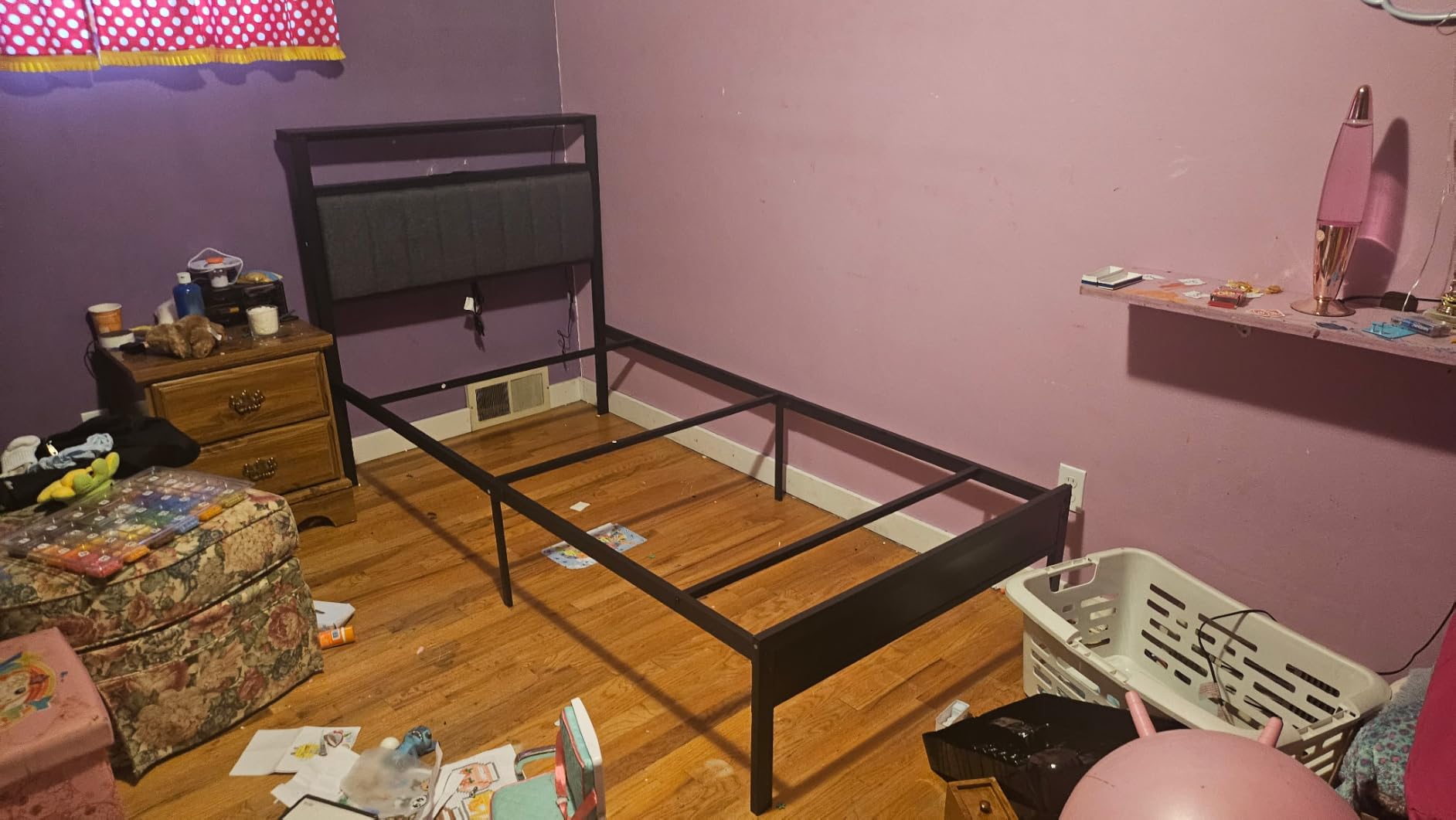 Furnulem Queen Bed Frame with Charging Station and LED Lights, Grey Upholstered Headboard with Shelves, Metal Platform Bed with 2 Under-Bed Storage (Fabric Drawer on Wheels), No Box Spring Needed customer photo 2