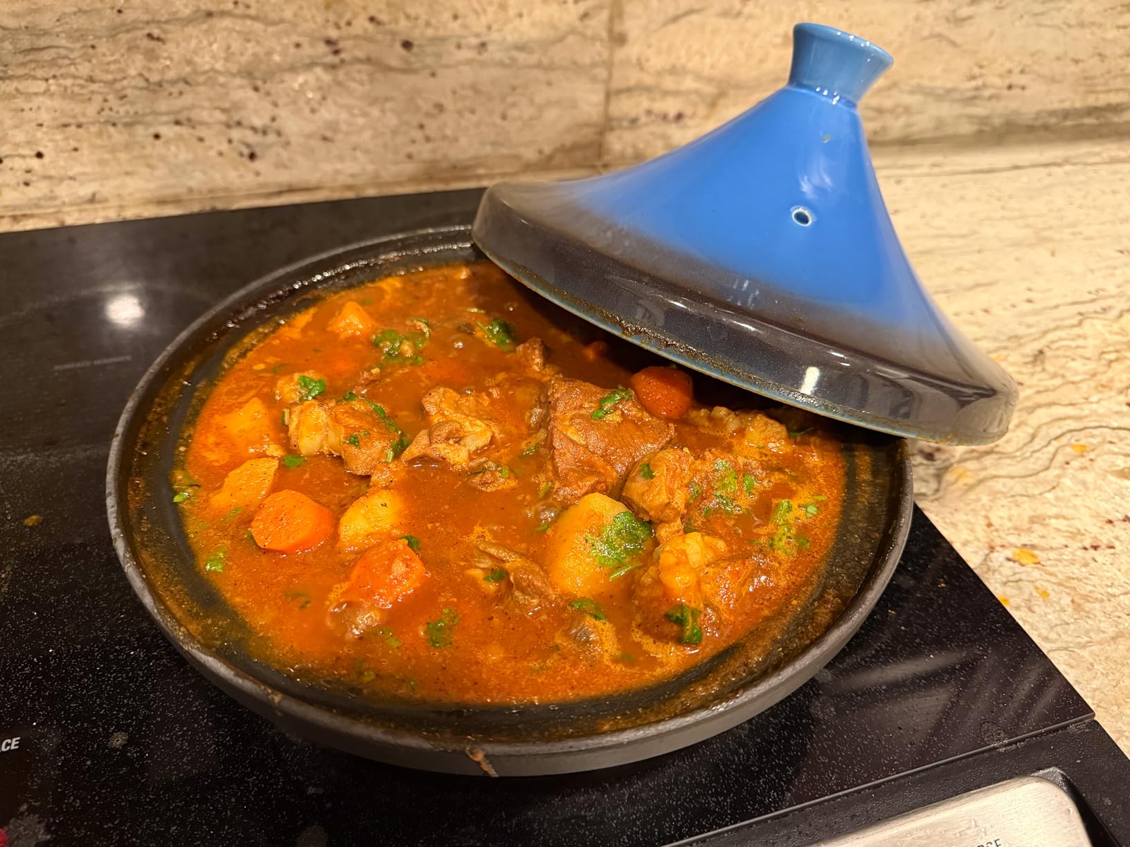 Moroccan Tagine for Cooking: Enameled Cast Iron Cooking Pot, Slow Cooker, Classic Kitchen Cookware, Tajine with Ceramic Cone-Shaped Closed Lid, 3.3 QT, Blue customer photo 1