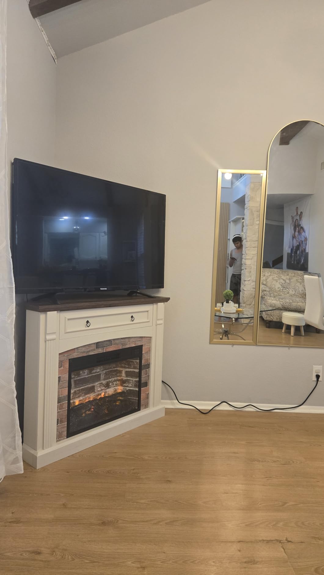 Electric Fireplace with Mantel, Corner Fireplace TV Stand, Entertainment Center with Hidden Drawer, Electric Fireplace Heater with Realistic Stacked Stone Surround for Living Room (White) customer photo 2