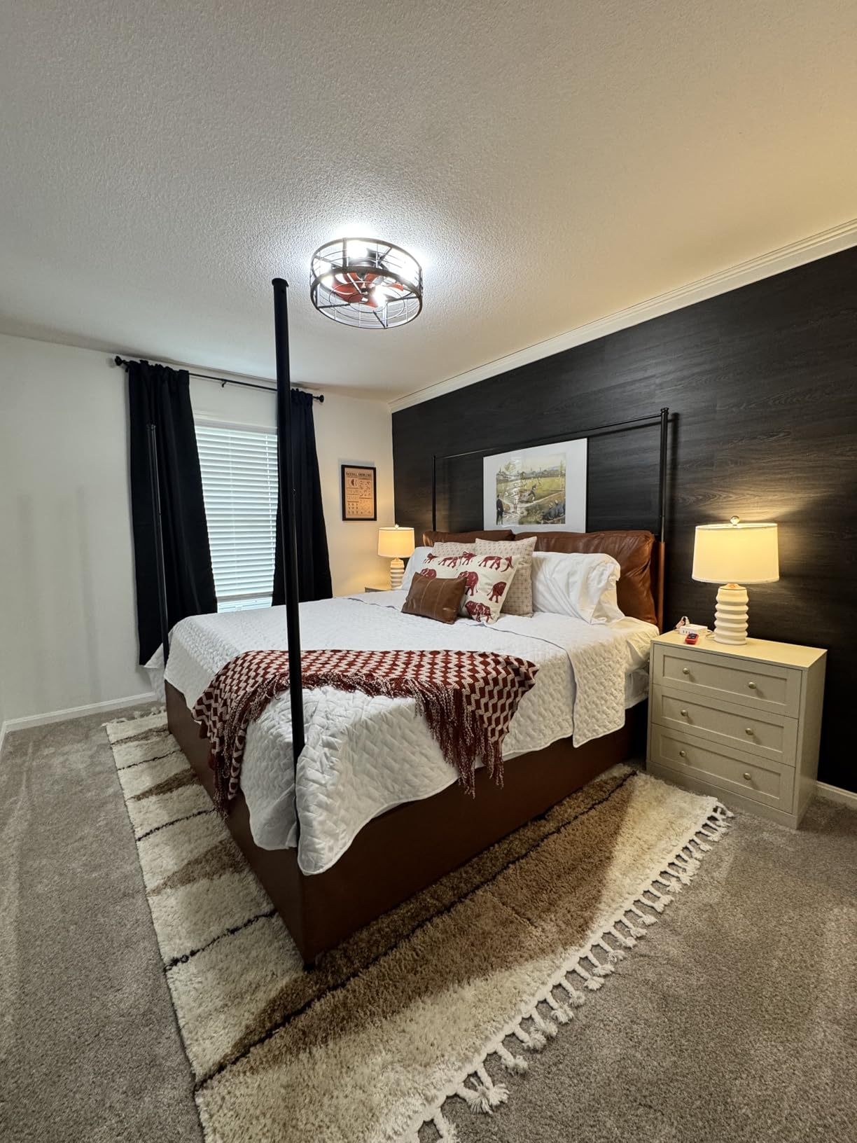 Modern Canopy Bed Frame with Upholstered Faux Leather Headboard - Tall Four Poster Metal Platform Bed, No Box Spring Needed, King Size, Brown and Black customer photo 1
