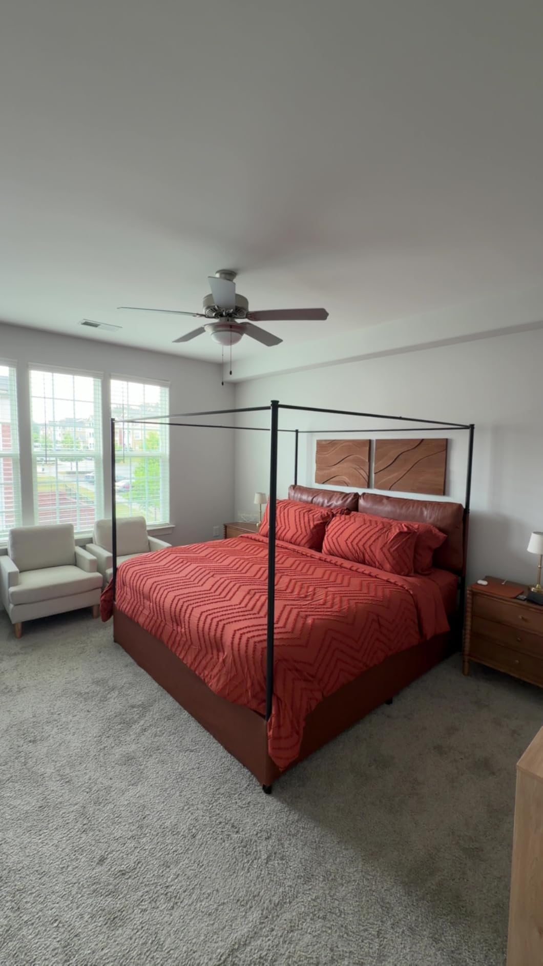 Modern Canopy Bed Frame with Upholstered Faux Leather Headboard - Tall Four Poster Metal Platform Bed, No Box Spring Needed, King Size, Brown and Black customer photo 2