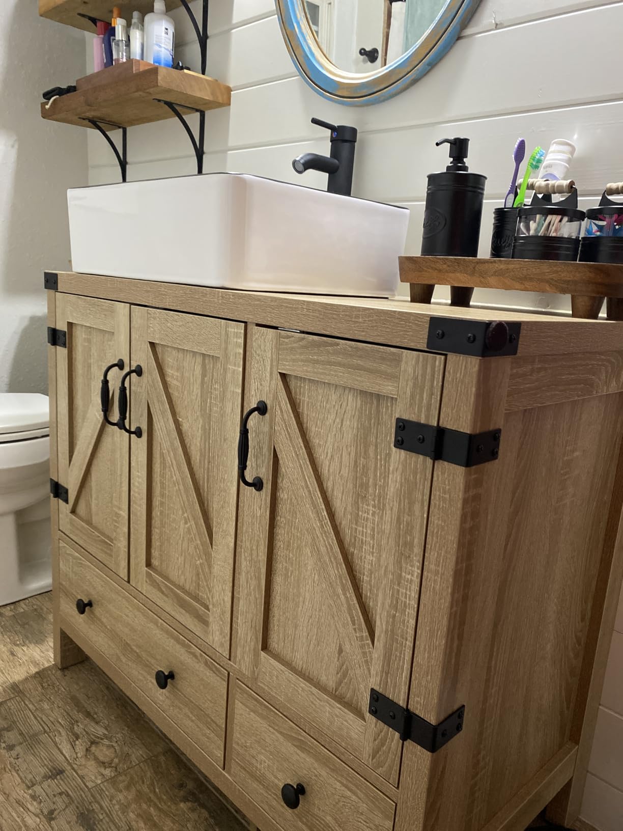 60 inch Natural Color Bathroom Vanity, Rustic Fixture Standing Pedestal Cabinet with Two White Ceramic Vessel Sinks customer photo 2