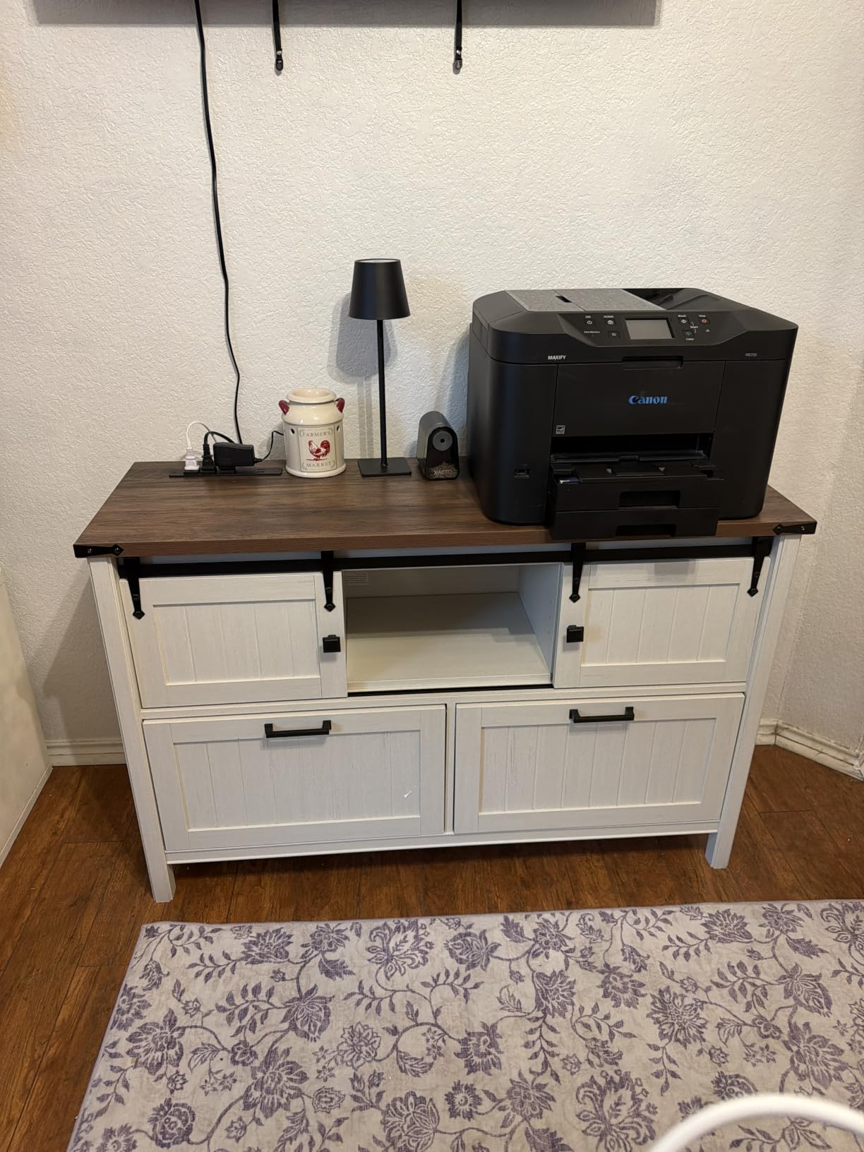 Lateral File Cabinet with Charging Station, Farmhouse Sliding Barn Doors & 2 Drawers, Antique White Printer Stand for Letter/A4/FC Hanging Folders customer photo 1