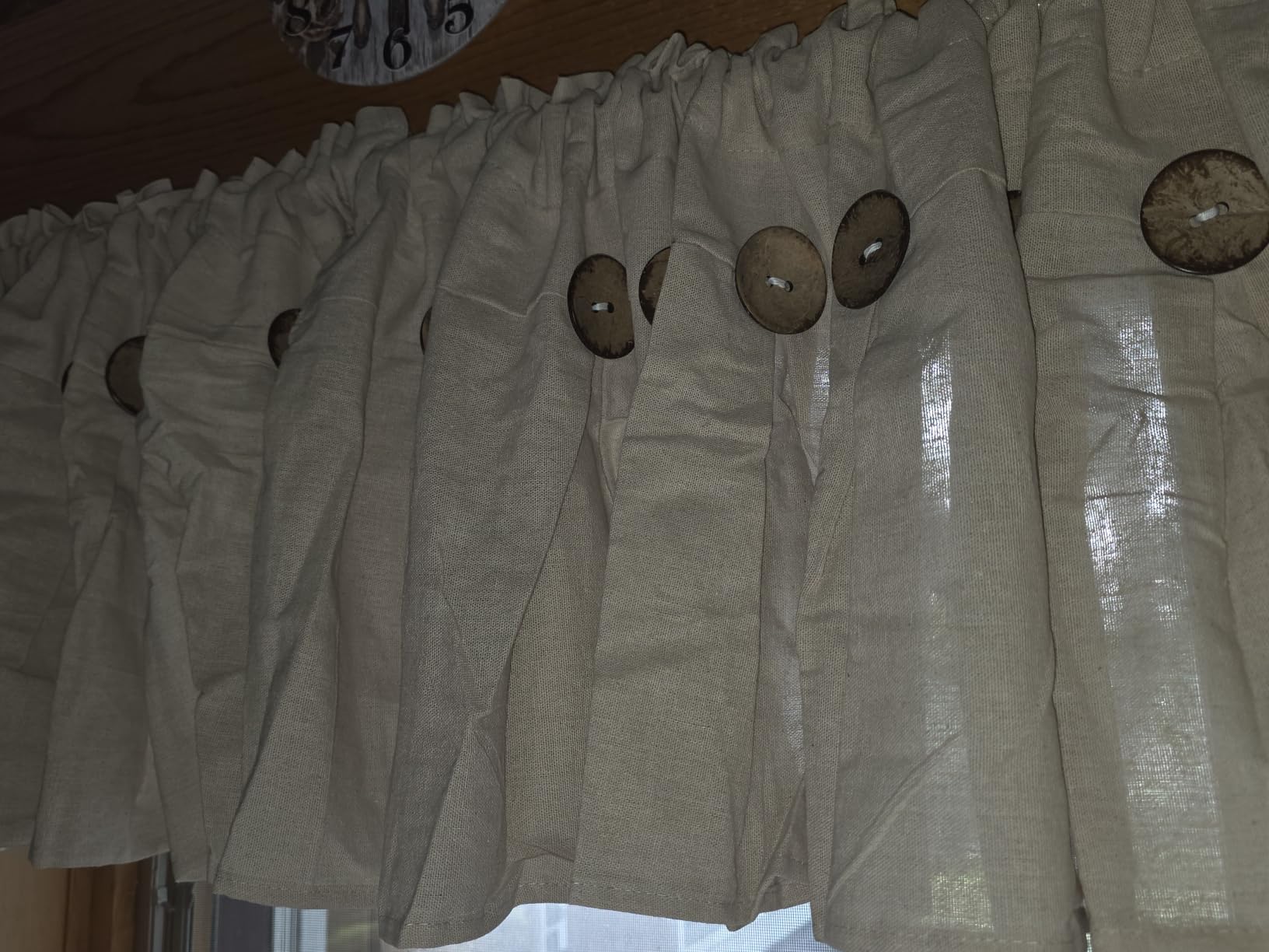 FRAMICS Farmhouse Valance Curtains, Boho Cotton Linen Kitchen Valance, Olive Green Rustic Button Window Valances, Rod Pocket Valances for Windows, 52 x 18 Inch customer photo 2